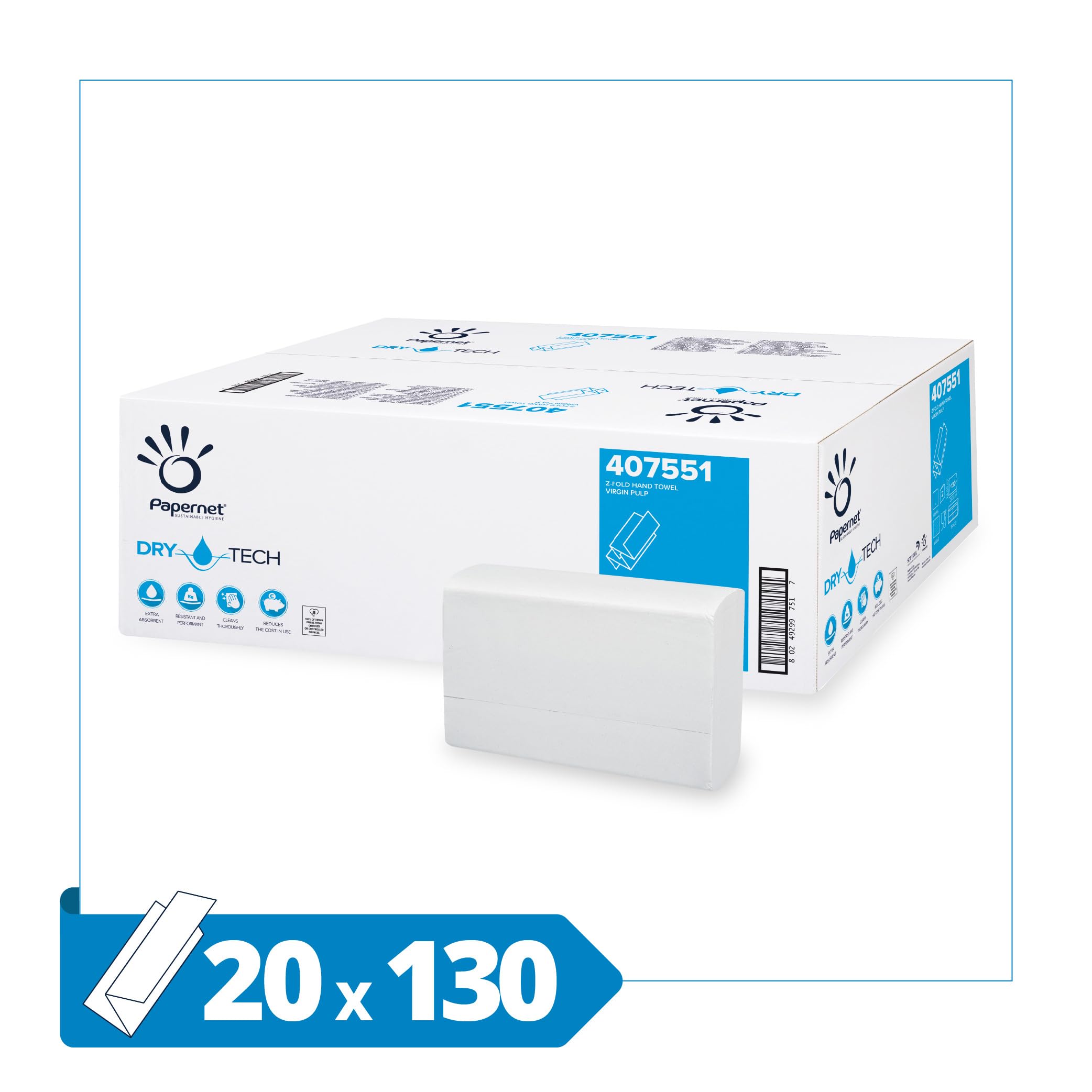 Papernet Toallas de Mano Plegado en Z Dry Tech (407551), 20 x 130 Hojas
