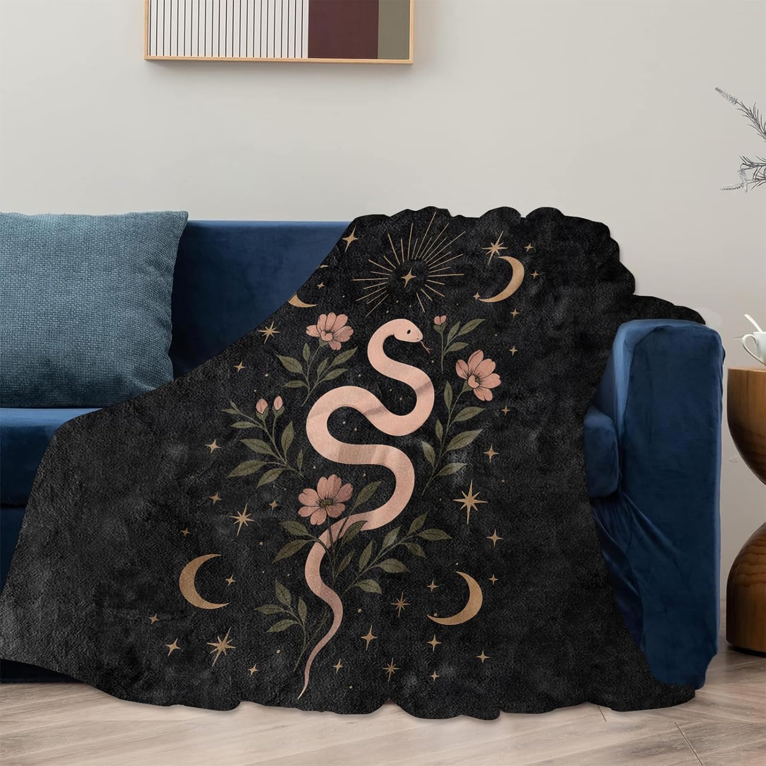 Mystical Snake and Moon Blanket Gifts for Women Girls Kids, Soft Warm Lightweight Flannel Celestial Floral Throw Blankets for Bedroom Living Room Home Sofa Home Camping Decor 50" x 60" - Image 2
