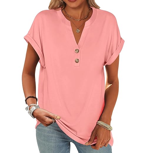 ANRABESS Womens Short Sleeve Henley Tops V Neck Dressy Casual Blouses Summer Trendy Tee Shirts 2026 Vacation Fashion Clothes