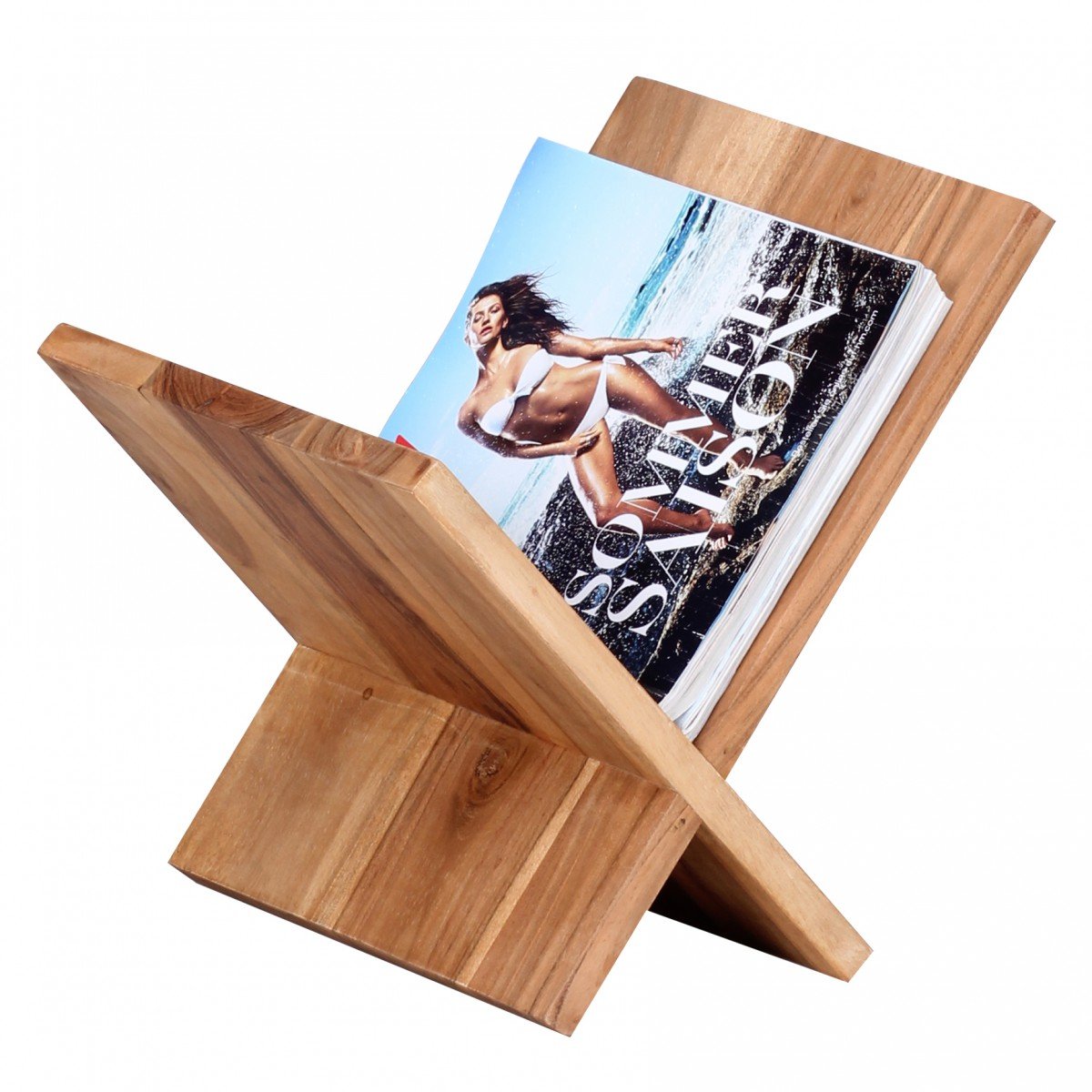 WOHNLING Zeitungsständer Feuillus Acacia X-Form 31 cm Magazines Design de Stands Brochure Style campagnard Holder