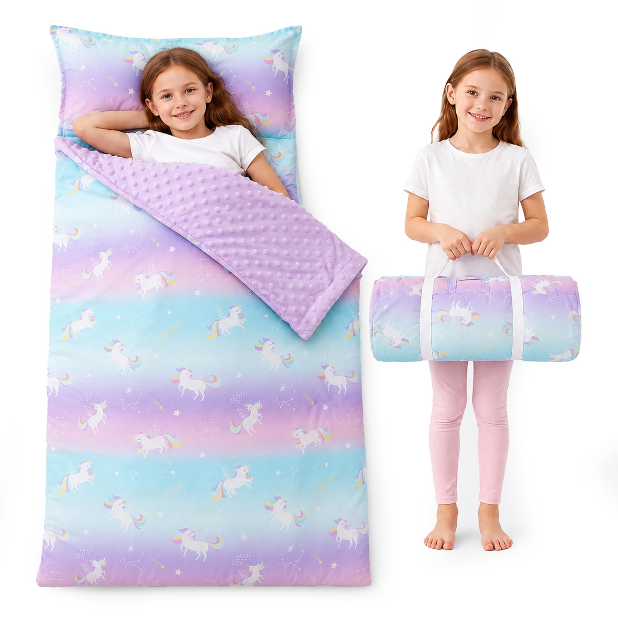 Bunnikins & Clover Toddler Nap Mat with Removable Pillow, Nap Mats for Preschool, Easy Clean Toddler Nap Pad for Kindergarten, Kids Sleeping Bag for Travel Camping