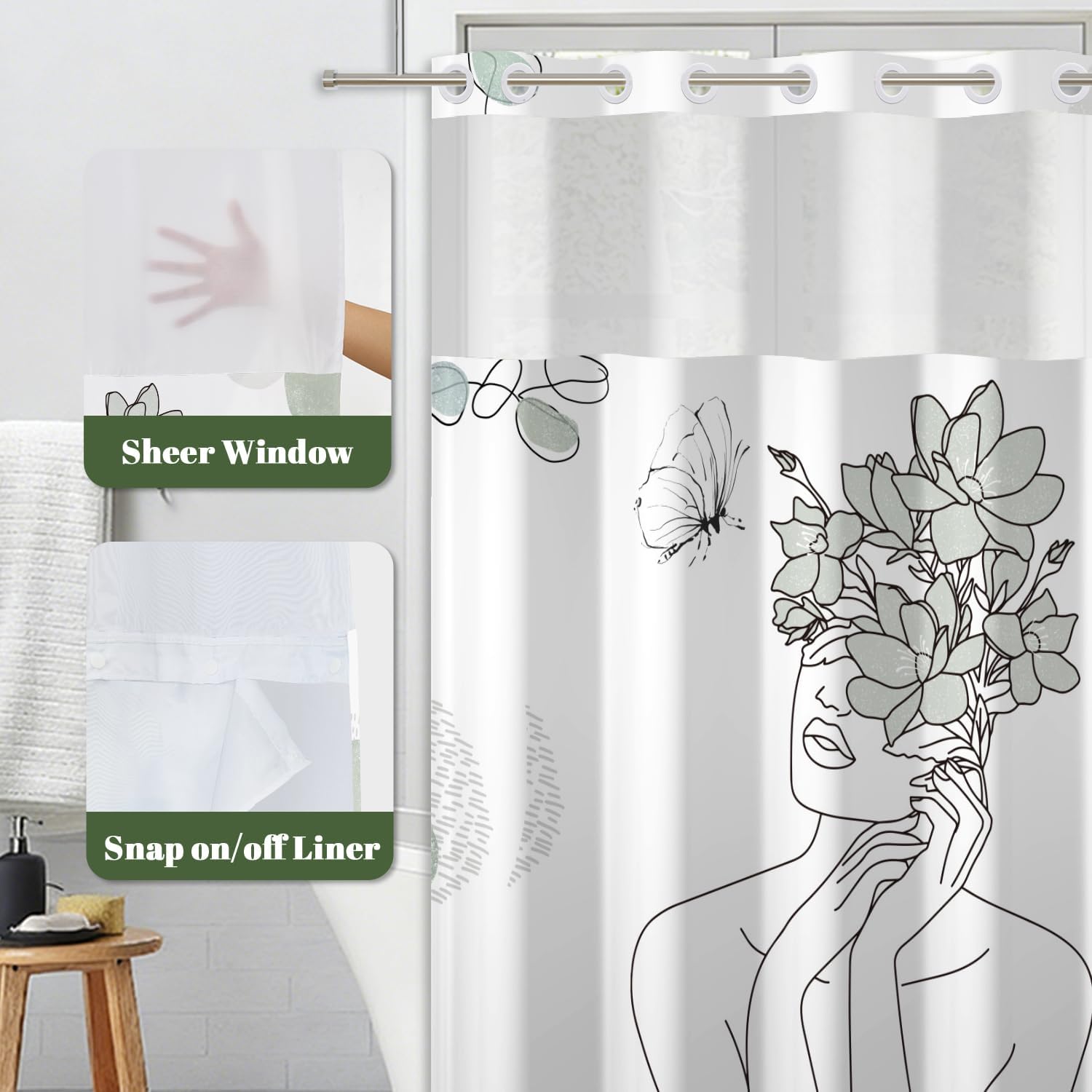 No Hook Shower Curtain and Liner Set, Minimalist Line Art Woman Face with Floral Butterfly, Abstract Modern Boho Shower Curtains for Bathroom, Artistic Bath Curtain with Mesh Top, 71x74 Inch