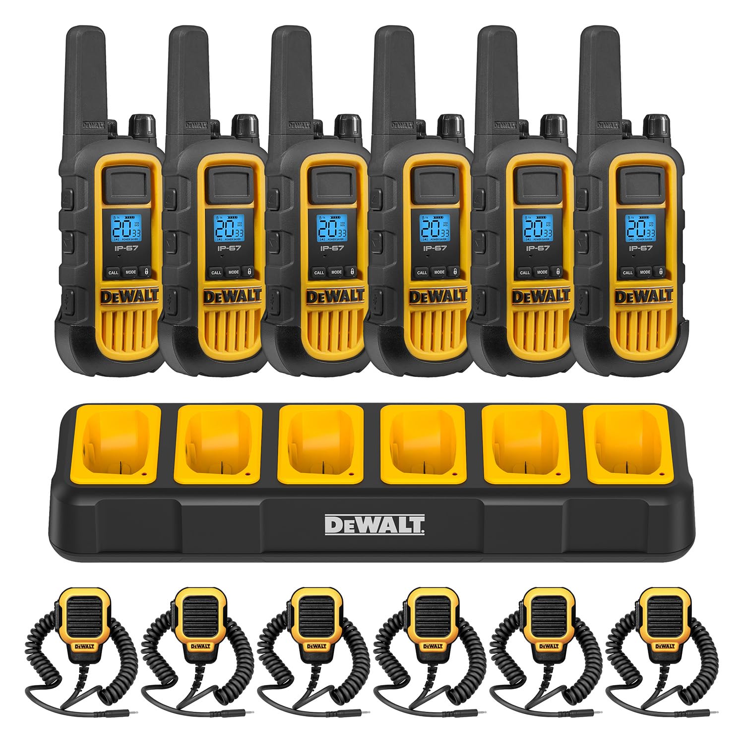 DEWALT DXFRS800 FRS Walkie Talkies, 2W, 6 Pack, 6 Speaker Mics, Charger