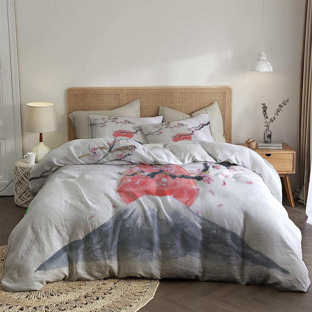 NIBAINLO 布団カバー赤い太陽と山のある水彩画の桜 肌に優しい ピーチスキン加工 掛け布団カバー 和式 洋式 あったか 布団カバーセット リバーシブル ホームステイ ホテル 家庭兼用