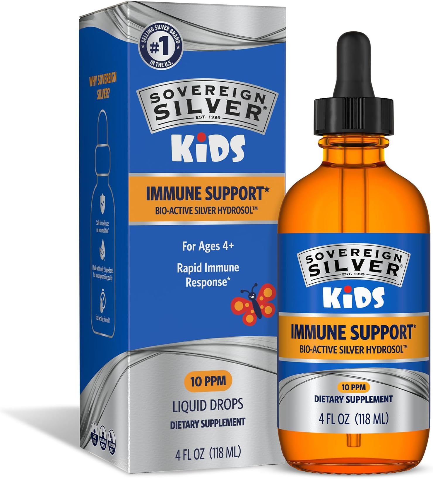 Kids Immune Support - Colloidal Silver, Bio-Active Silver Hydrosol, 10 ppm, Liquid Dropper, 4 Fl Oz, (118 mL)