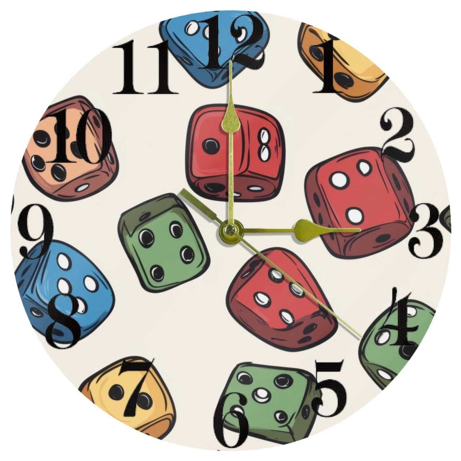 Horloge murale ronde pour maison et cuisine au design dés colorés