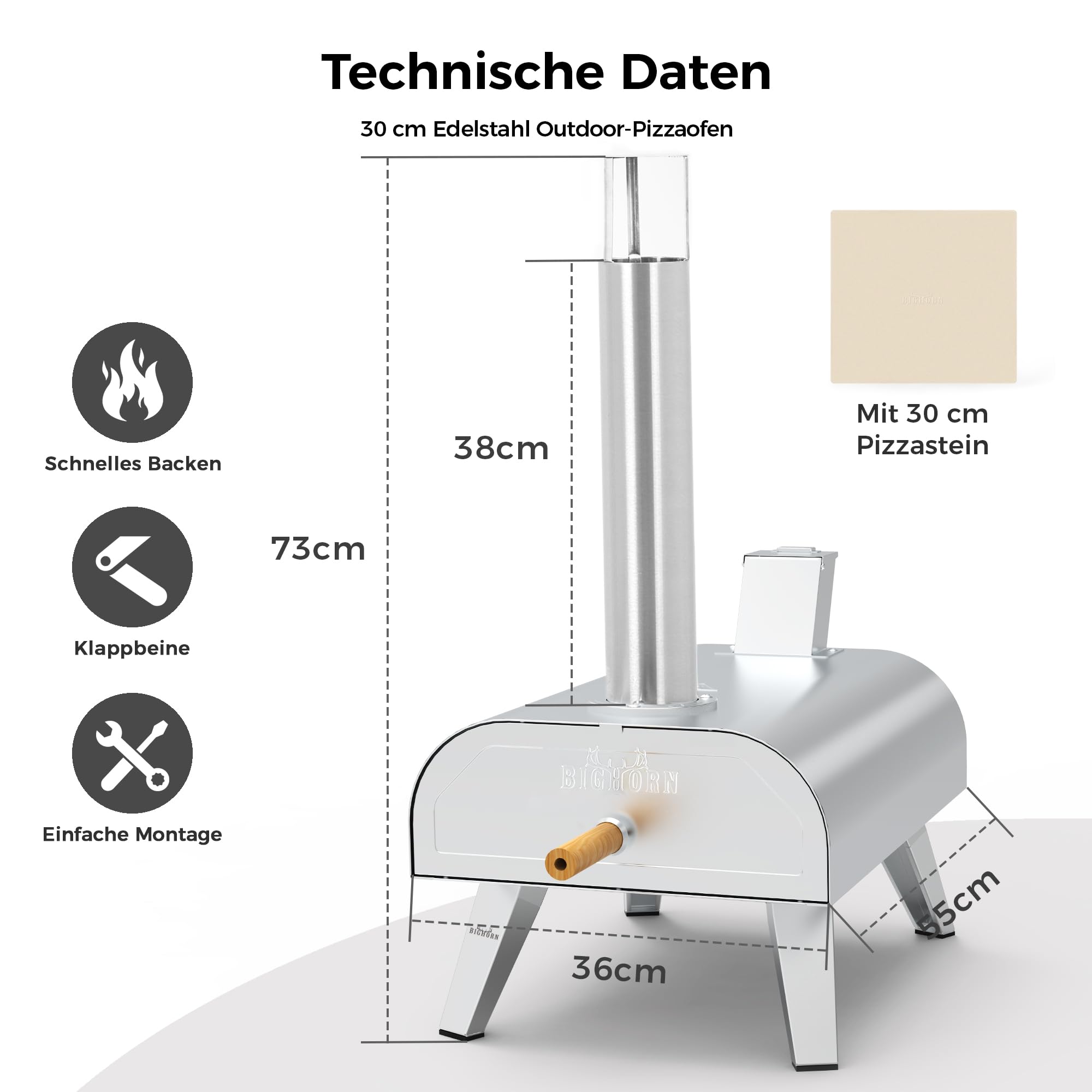 BIG HORN OUTDOORS Pizzaofen für Holzpellets, tragbarer Edelstahl-Pizzagrill