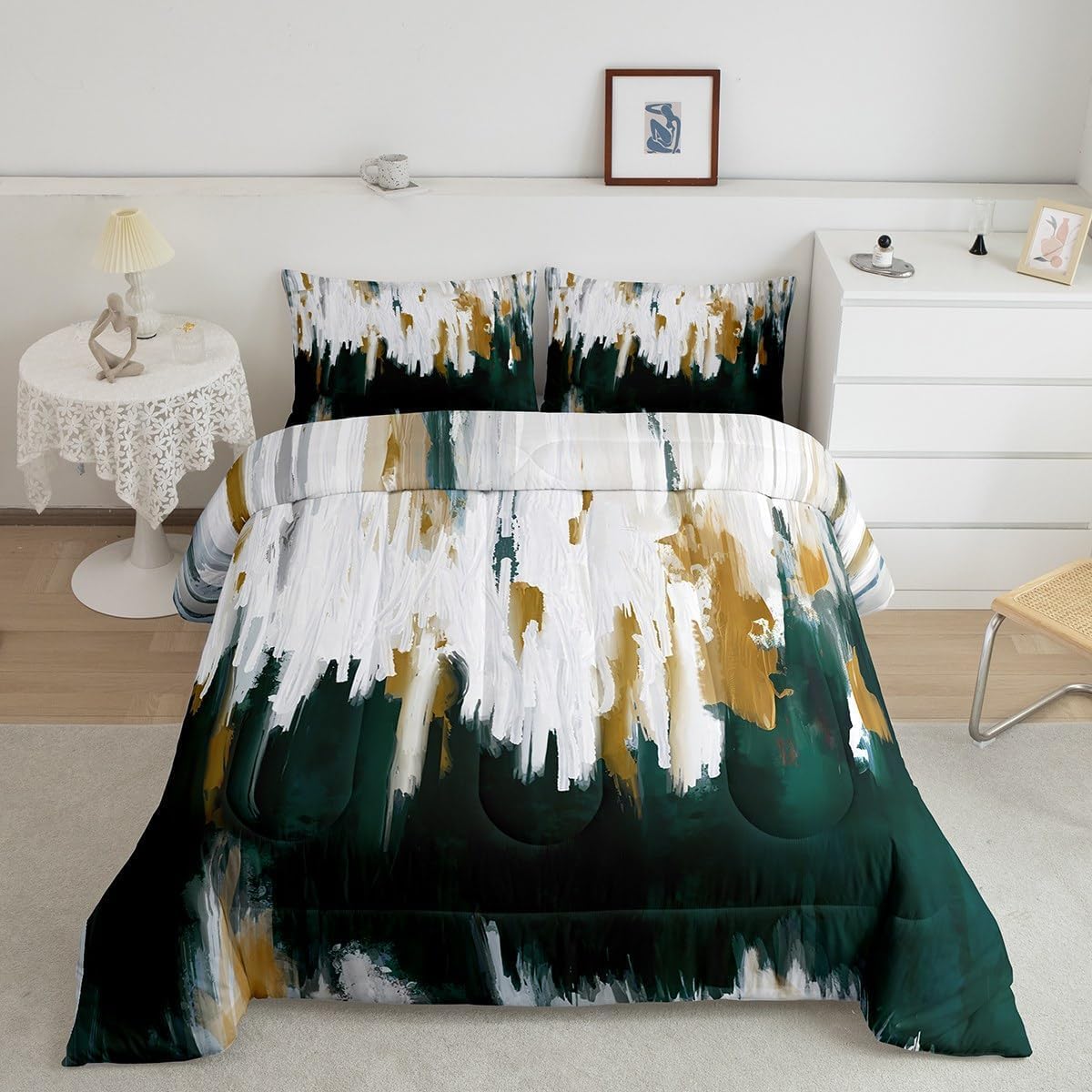 Erosebridal Emerald Green Comforter King Watercolor Graffiti Bedding Set, Striped Oil Painting Down Comforter Aesthetic Modern Bed Set, Ombre Brush Marks Contemporary Quilted Duvet