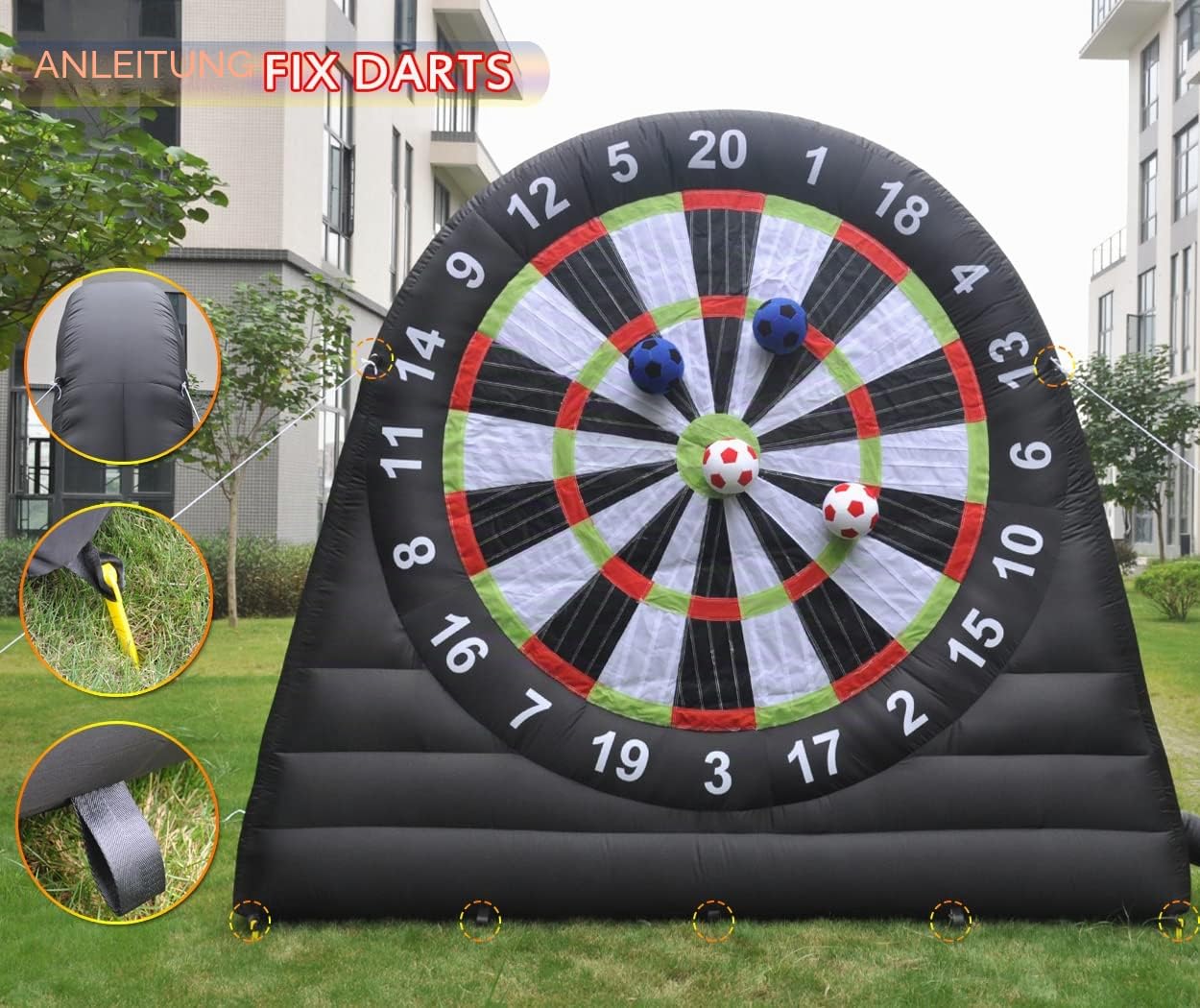 Aufblasbares Fußball-Dartboard mit Gebläse und 8 aufblasbaren Bällen für Outdoor-Sportarten, Spiel und Kick-Dartscheiben-Spiel, selbsthaftende Darts