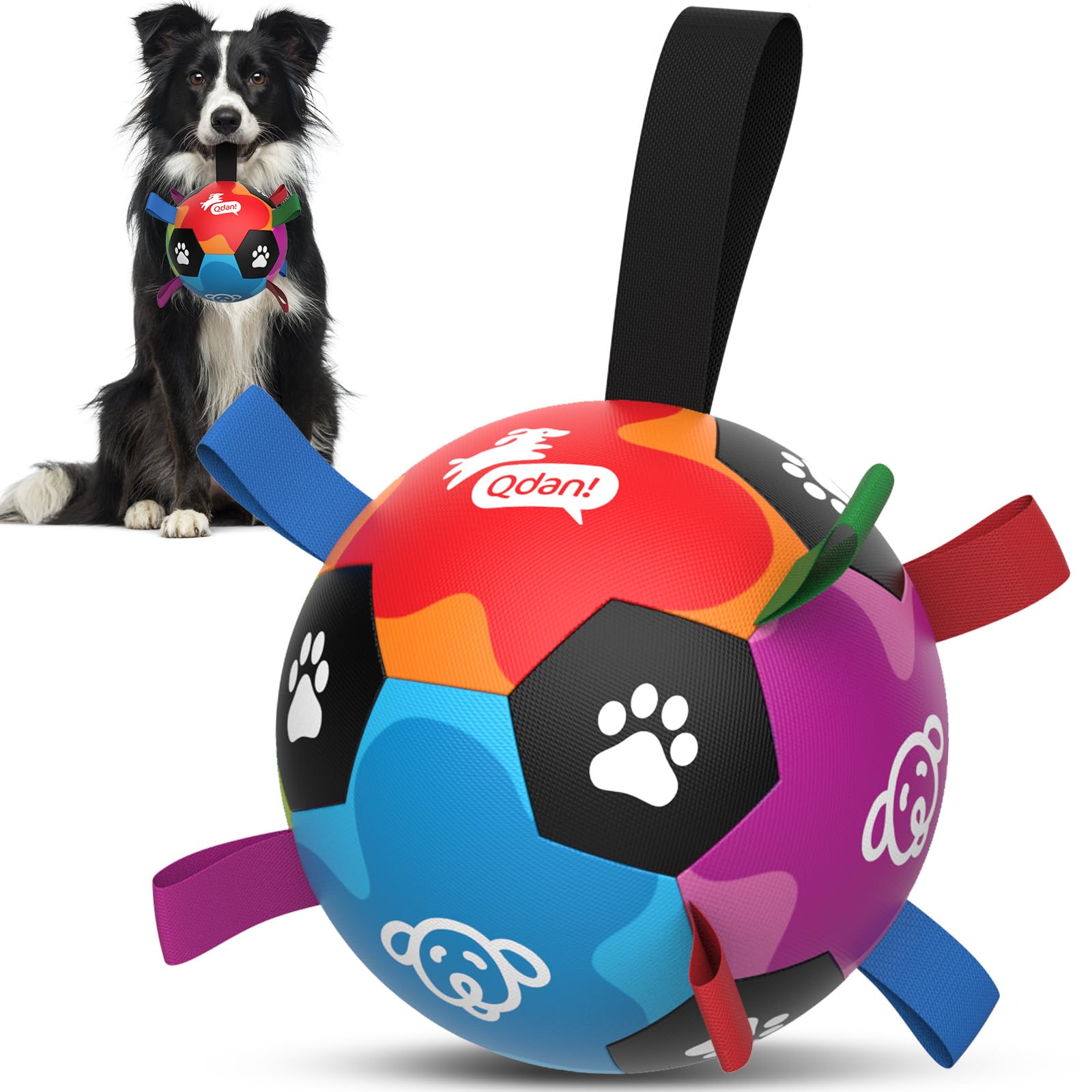 QDAN Dog Toys, Durable Dog Balls with Straps to Keep Them Busy, Outdoor Dog Soccer Ball for Small Medium Large Pets, Birthday Toy, Interactive