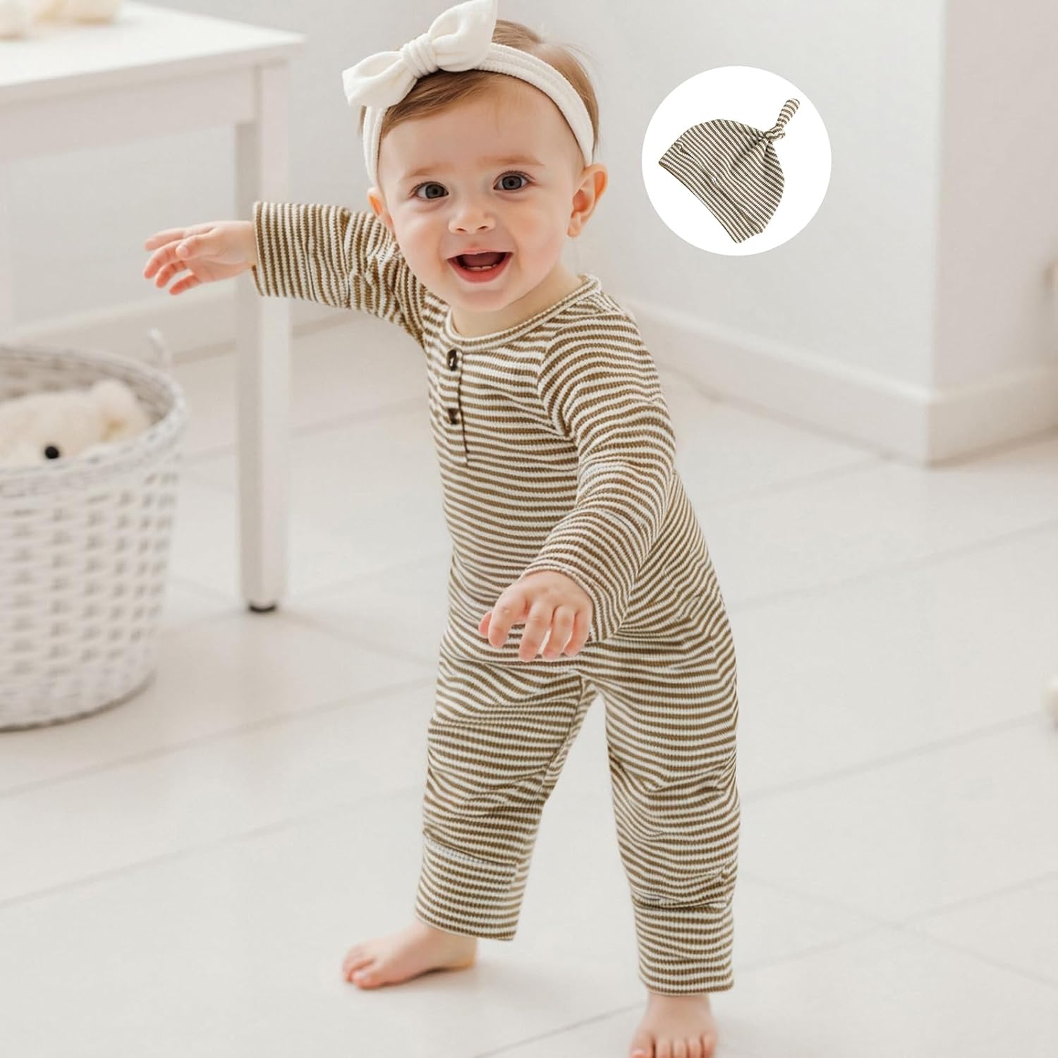 Newborn Baby Boy Romper Striped Long Sleeve Jumpsuit with Hat Infant Fall Winter Clothes Coming Home Outfit - Image 2