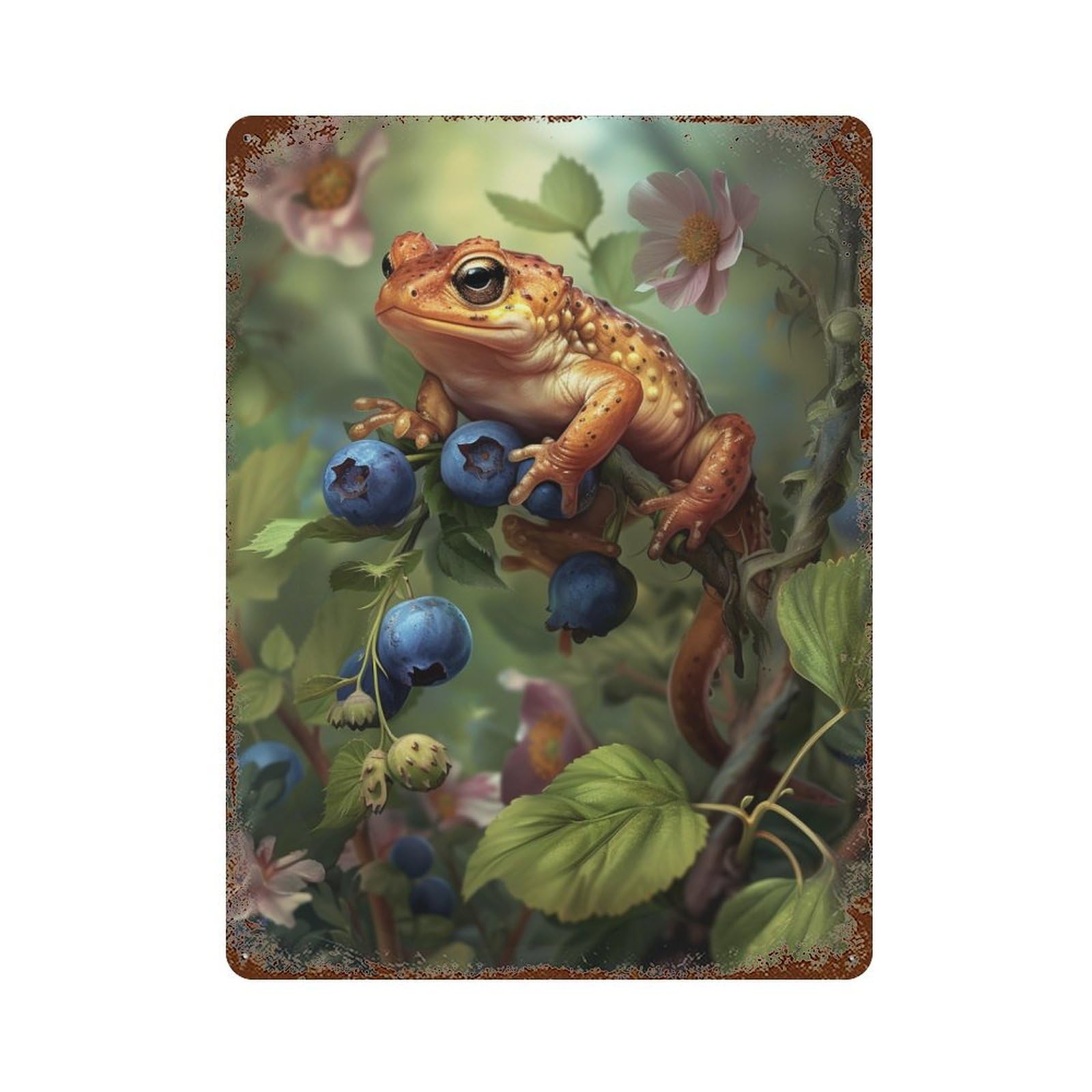 Frog with Blueberries in Nature 15.7"x11.8" Aged Metal Wall Plaque, Retro Wall Decor for Farmhouse, Kitchen And Entryway Decor