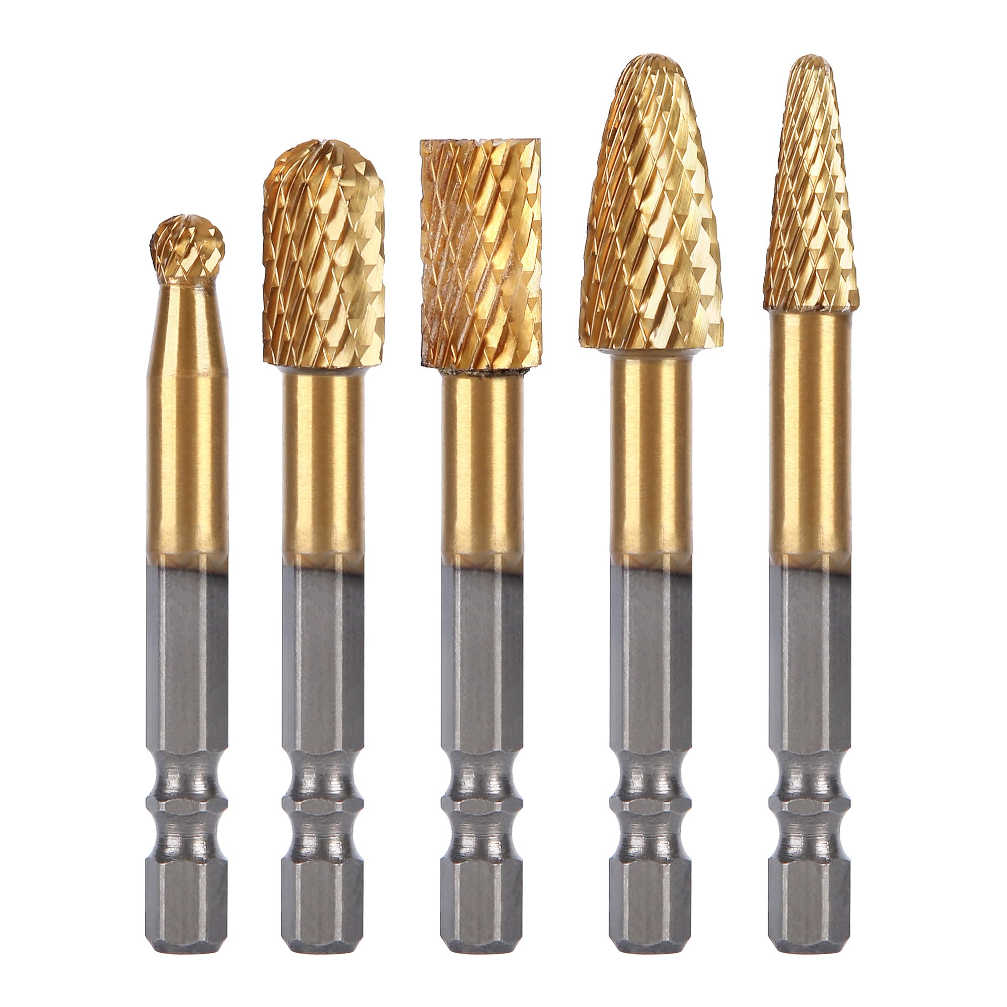 HUHAO Carbide Burr Set 1/4" Shank – 5 Pcs Double Cut Die Grinder Bits for Milling, Carving, Engraving, Deburring, Drilling, Hard Wood and Metals –