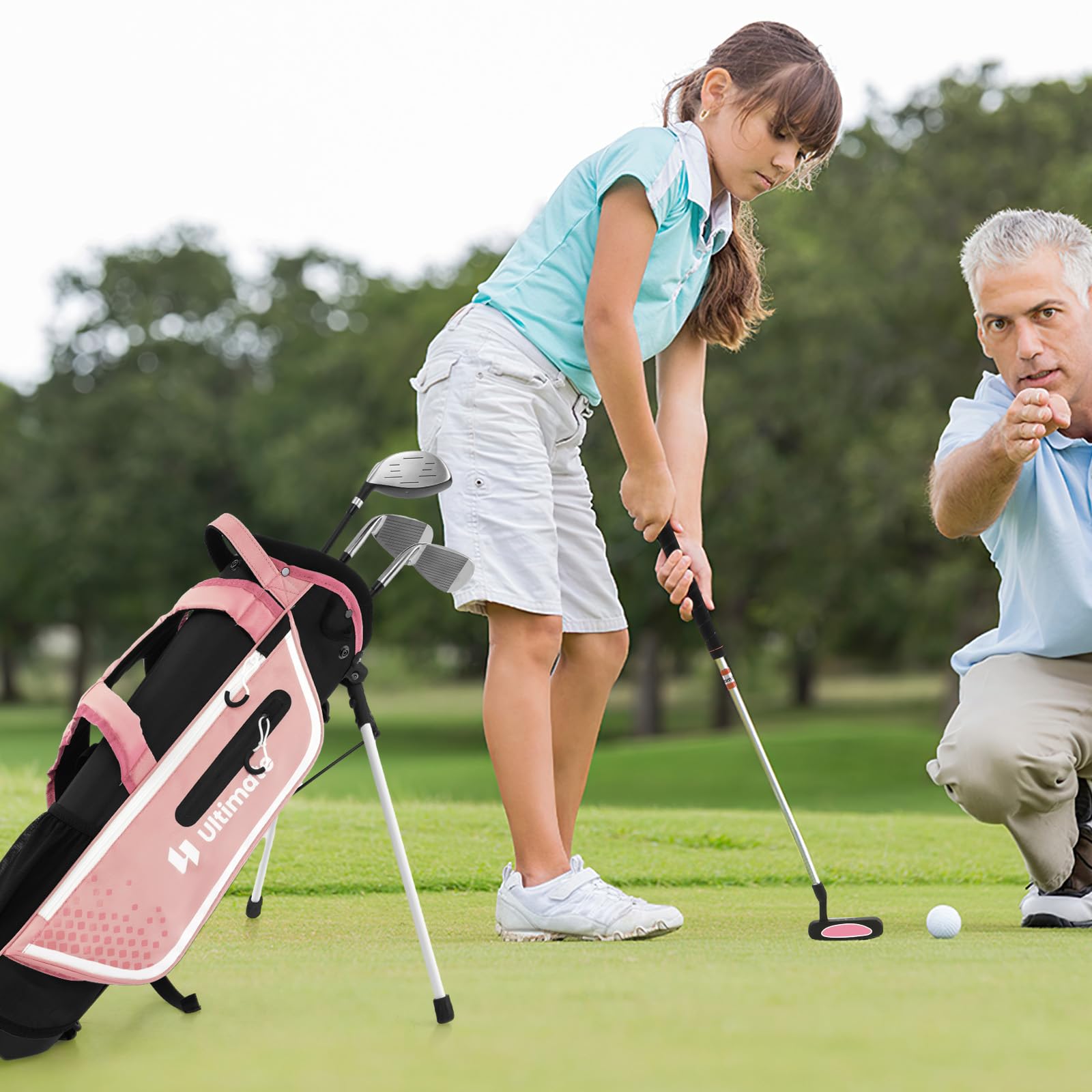 LIFEZEAL Komplettes Golfschläger-Set für Kinder, Golftasche mit 4 Golfschlägern, Tragbares Golfbag mit Stauraum, Trolleybag Junior mit Schultergurten, Ideal für Jungen & Mädchen von 8-10 Jahren