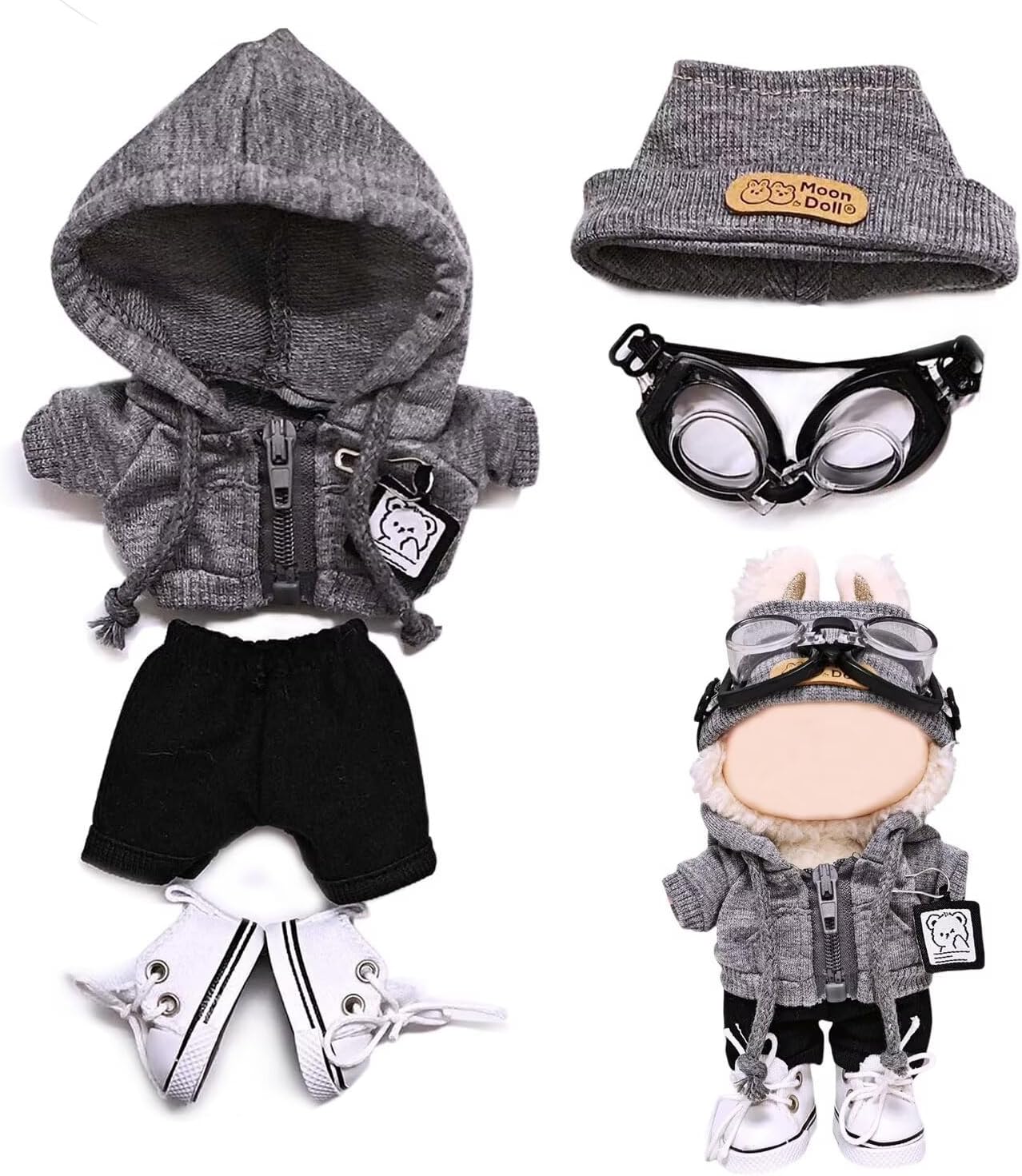 Oufit for Labubu 17cm 15cm Doll Cloth and Accessories with Grey Hoodie, Pants, Shoes, Hat and Goggles (Dolls not Included) 5pcs