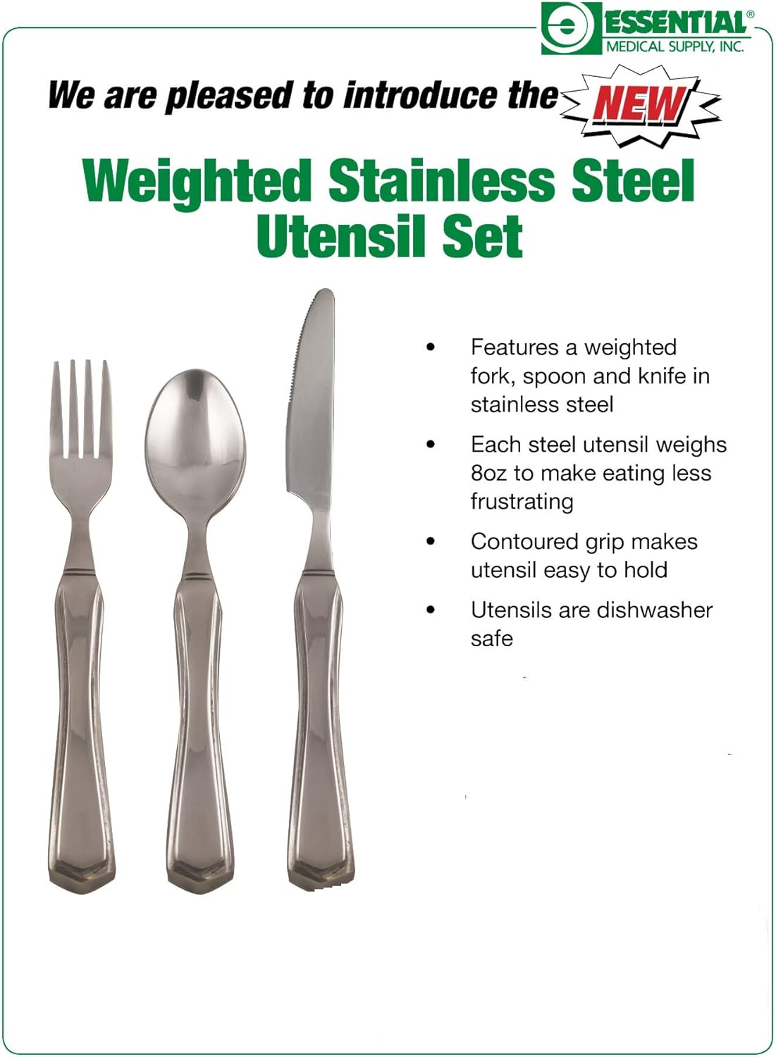 Essential Medical Supply Heavy Duty Weighted Stainless Steel Utensil Set with Fork, Knife and Spoon for Easy Eating