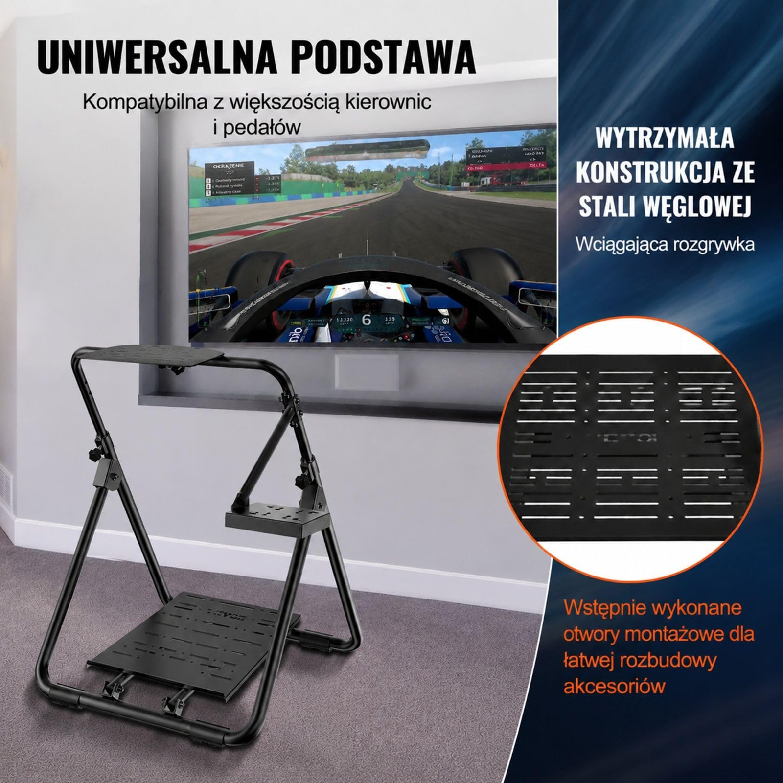 Stojak pod kierownicę do symulatora wyścigowego, regulowany kąt pedałów, rama ze stali węglowej, uchwyt dźwigni zmiany biegów, składana konstrukcja
