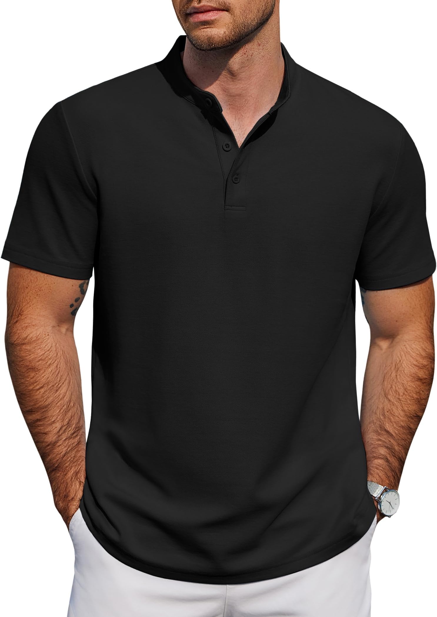 Men's Casual Henley Shirt Short Sleeve Cotton Pique Band Collar Shirt Summer Button Basic Tee Shirts