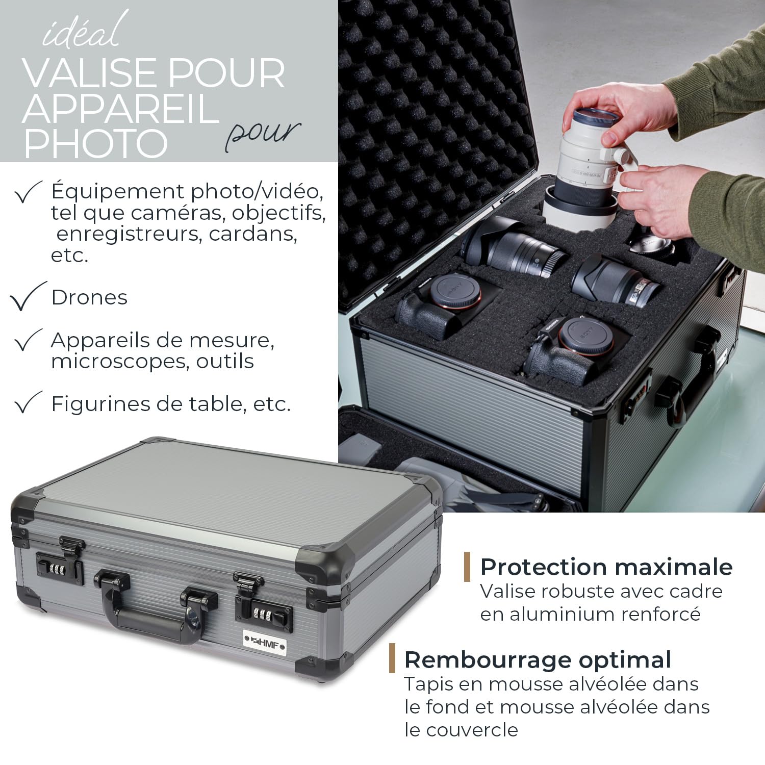 HMF 14402-02 Valise pour Appareil Photo en Aluminium, Mallette pour Armes avec Mousse prédécoupée | 46 x 33 x 15 cm