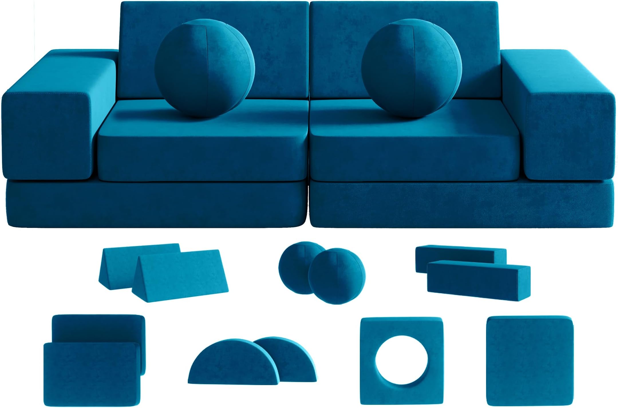 wanan Couch Kids, 12PCS Modular Kids Play Couch with 2 Balls and Tunnel, Toddler Play Couchs for Playroom, Modular Play Couchs for Kickball Game, 30+ Creative Gameplay(Blue)