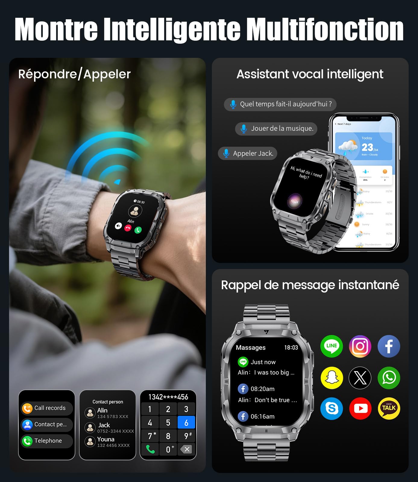 LIGE Montre Connectée Homme（3 Bracelets）, Smartwatch avec Torche LED/Batterie 1000mAh/2.0" HD Grand Écran/Appel Bluetooth/Cardiofréquence/Analyse Sommeil/100+Modes Sport, Smart Watch Android/iOS