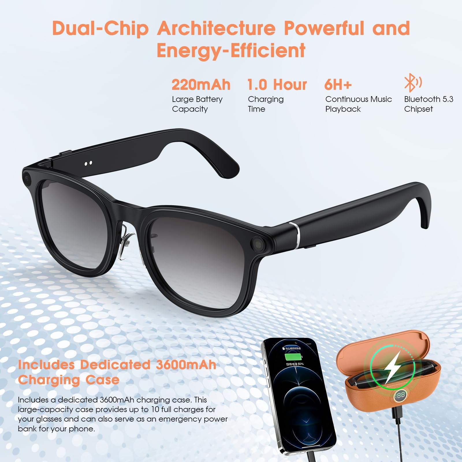 2026 AI Smart Glasses 4K Caméra HD 1200P Lunettes avec Enregistrement vidéo, Traduction simultanée/Identification d'objet GPT, lentilles photochromiques, avec étui de Charge 3600 mAh