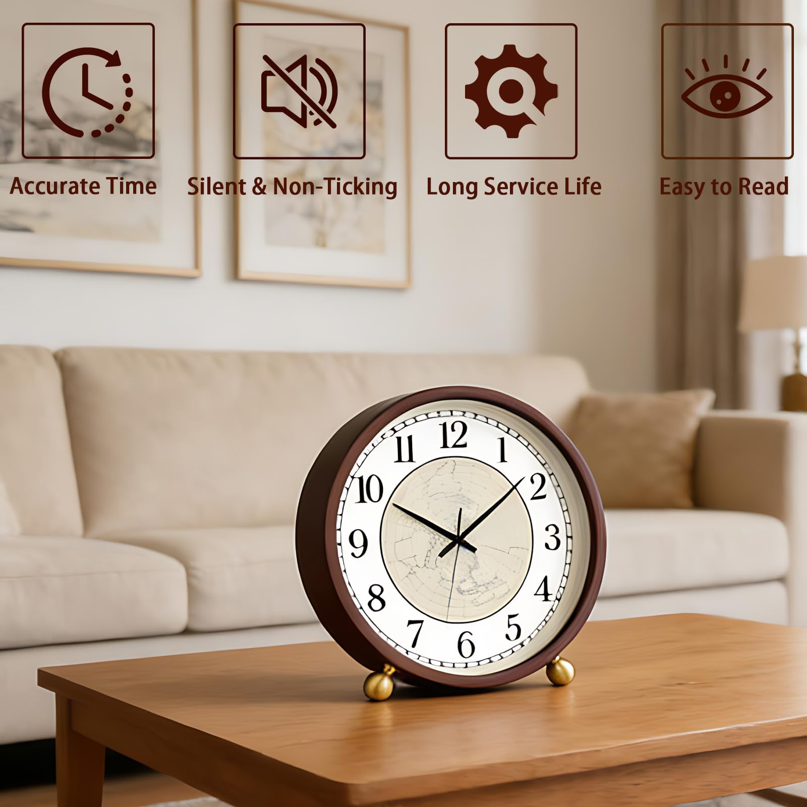 Maxspace Reloj de mesa silencioso de madera de 8 pulgadas, reloj de escritorio, funciona con pilas, reloj redondo para decoración de sala de estar, oficina, dormitorio (nogal - mapa)