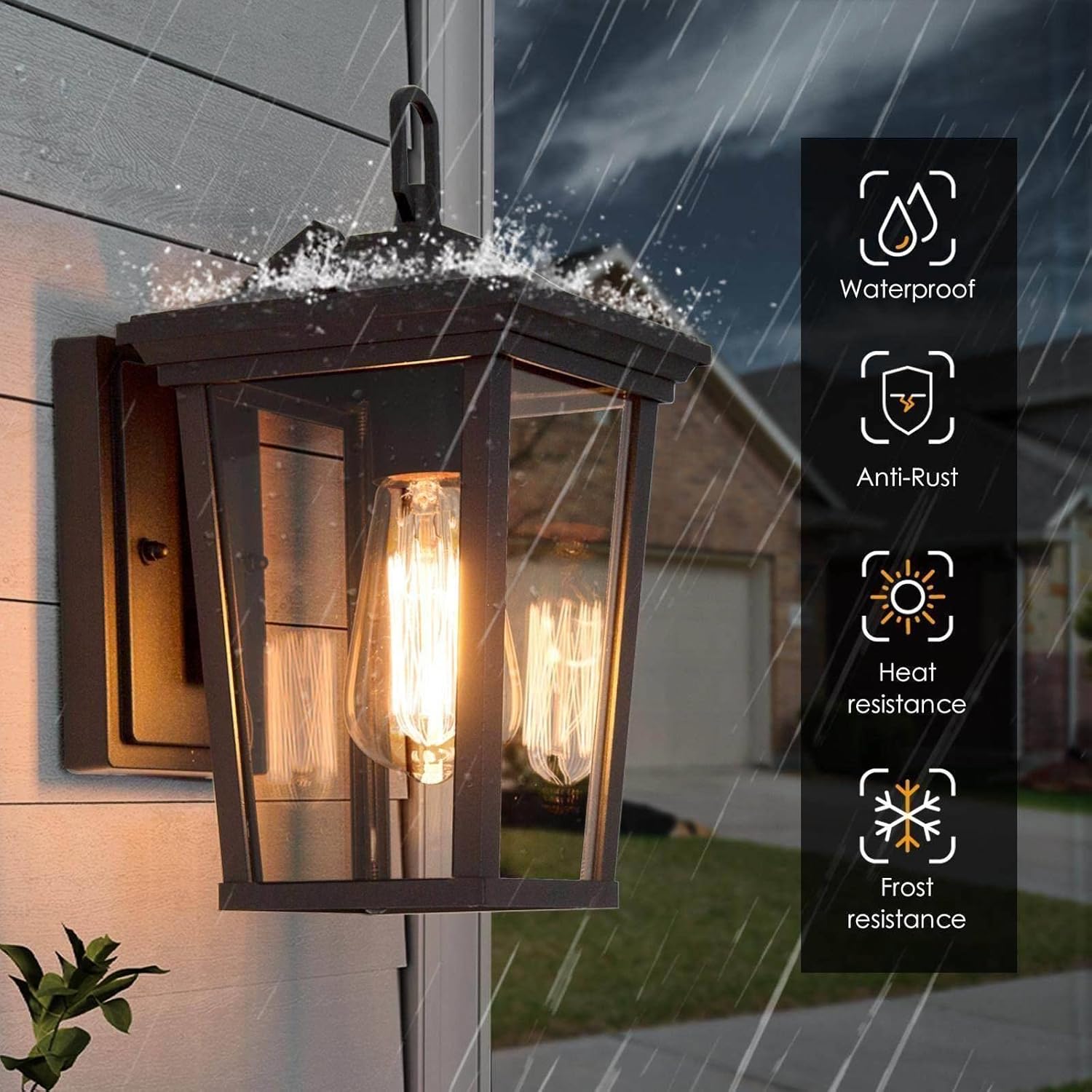 A classy leaves Black Outdoor Wall Light Fixture on an exterior wall with icons indicating its waterproof, anti-rust, heat resistance, and frost resistance features.