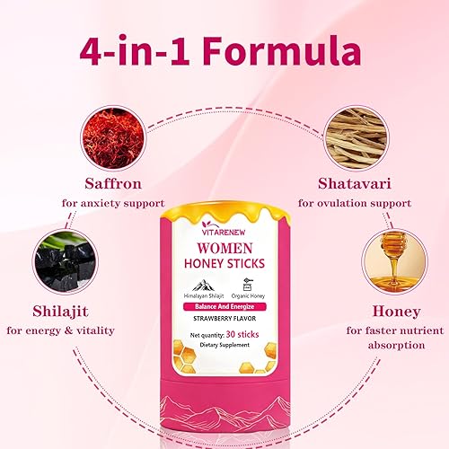 Miniatura 4 de Palitos de miel Shilajit para mujeres con shatavari y azafrán  75% más de ácido fúlvico y más de 85 minerales traza para equilibrio hormonal,