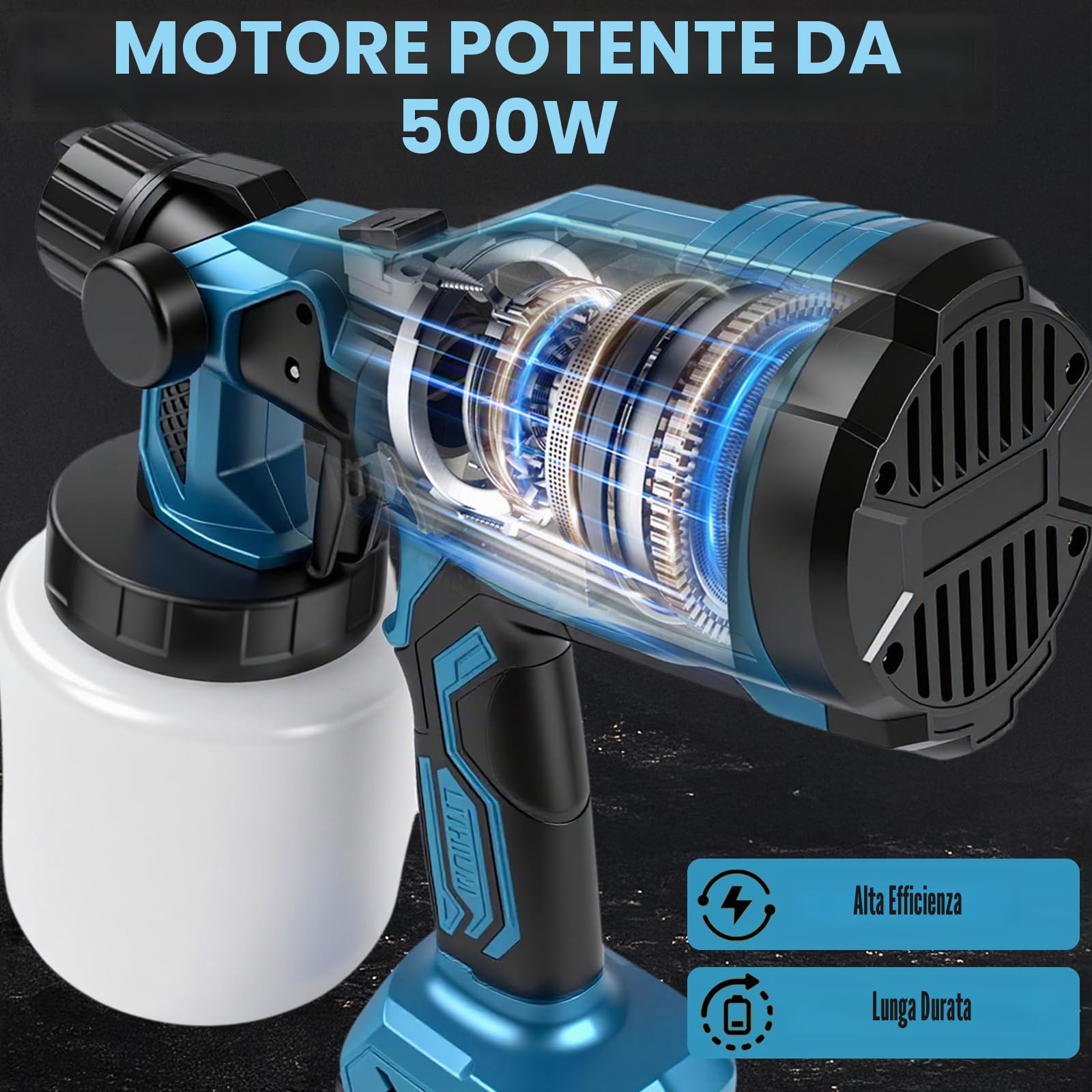 Verniciatore a Spruzzo a Batteria, 500W 36000PRM HVLP Pistola per Verniciare Elettrica con 1000ML Contenitore, Pistola Vernice a Spruzzo con 21V 2000mAh*2 Batterie, 3 Ugelli & 3 Modalità