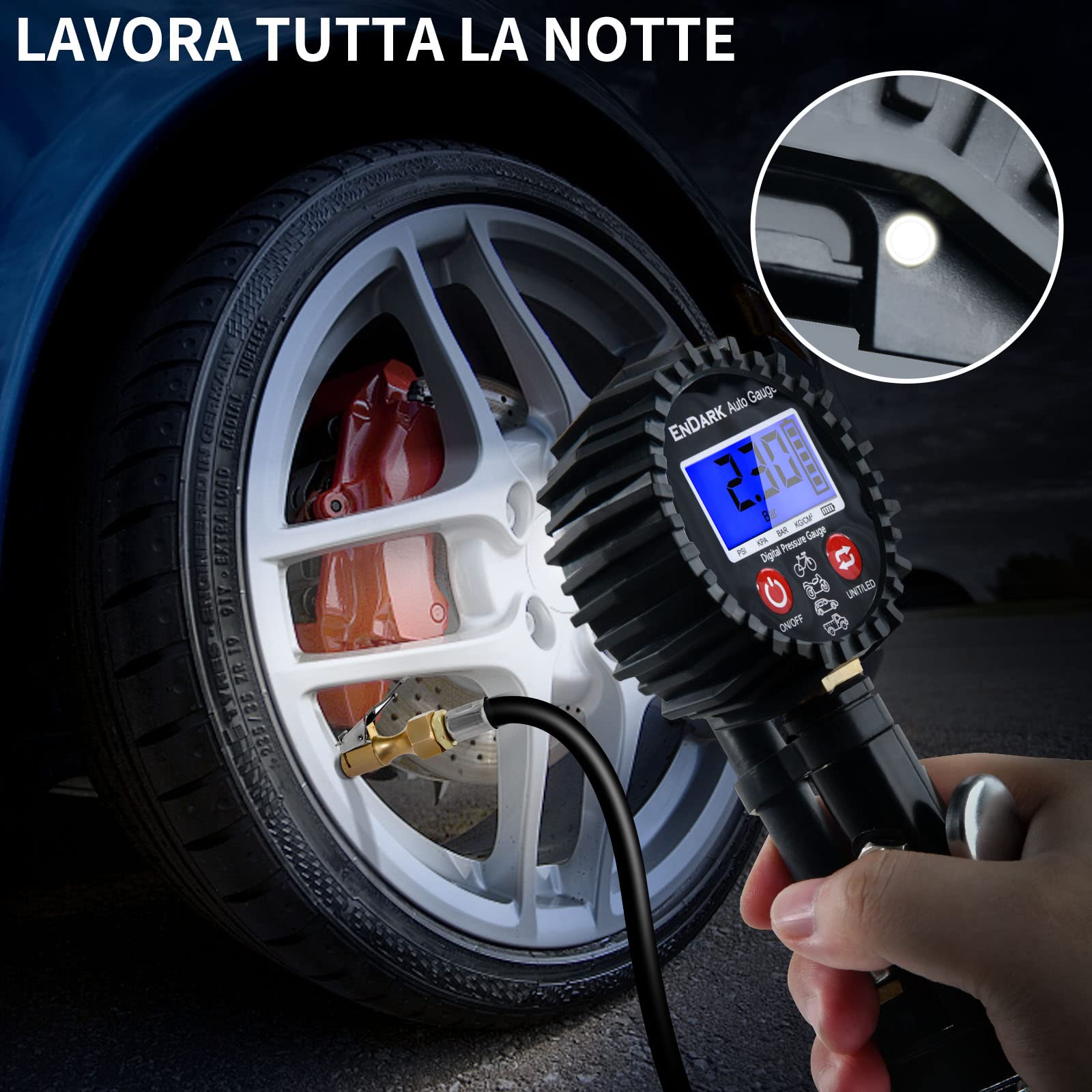 Manometro Pressione Gomme Pistola Gonfiaggio Pneumatici - ENDARK Accessori Compressore Aria Manometro Digitale Professionale per Gonfiare Ruote Auto | Moto | Camion | Bici
