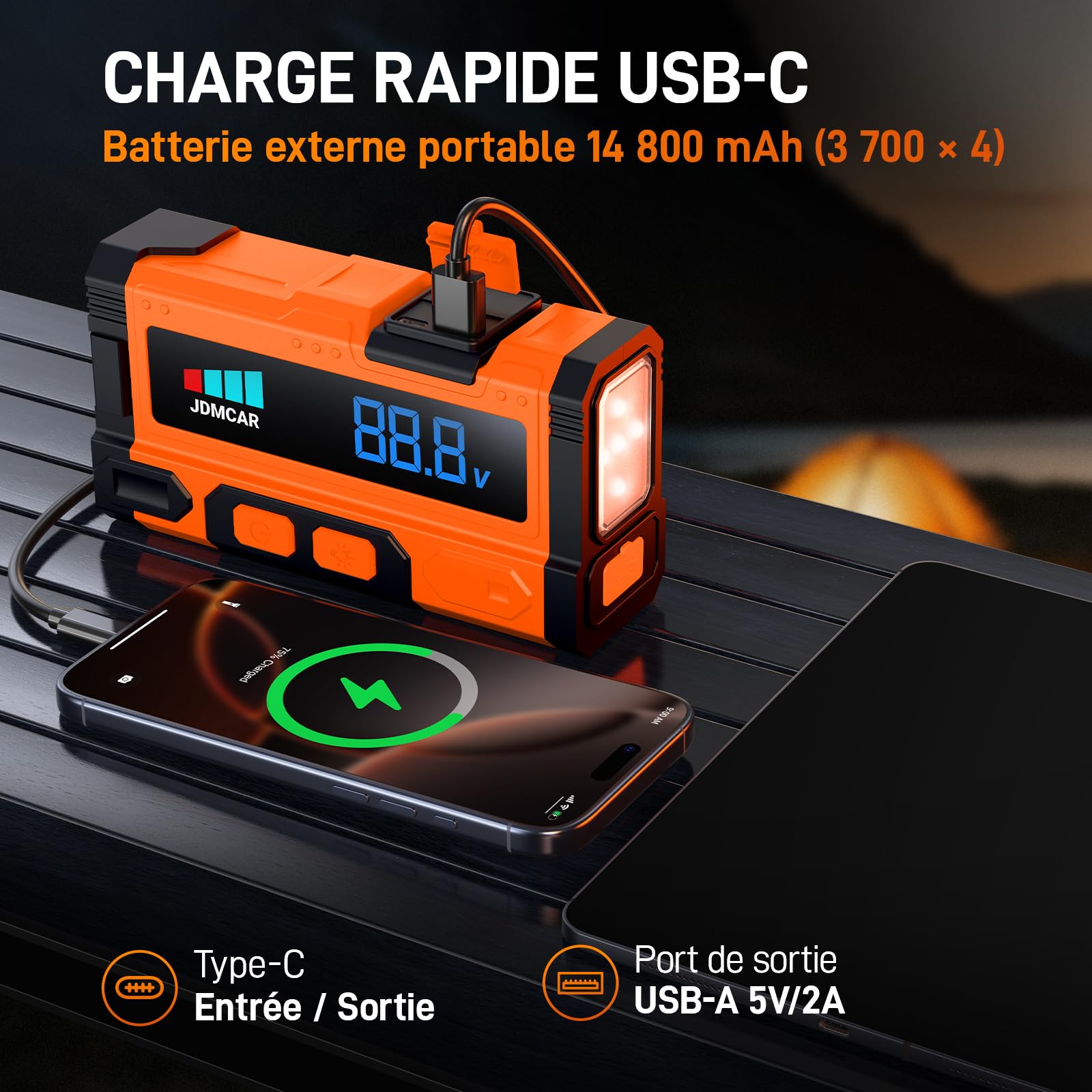 JDMCAR Booster Batterie Voiture 𝟏𝟎𝟎𝟎𝟎𝐀 - 𝟏𝟒.𝟖𝐕 Démarreur Batterie Voiture (jusqu'à10,0L Gaz/9,0L Diesel), Jump Starter avec LED, Booster Pinces Intelligentes, Protections Multiples Auto Moto