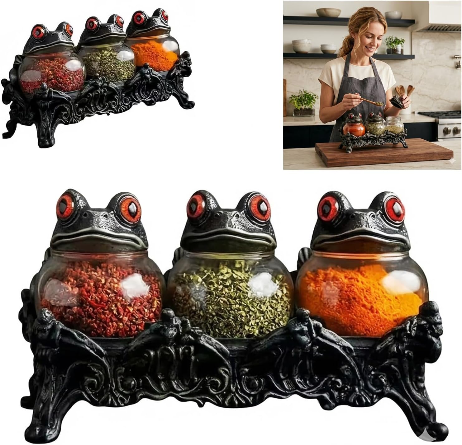 Frog Shaped Spice Jars - Witch Frog Spice Jars Set of 3, Vintage Gothic Kitchen Decor, Glass Apothecary Jars with Airtight Lids for Spice Village