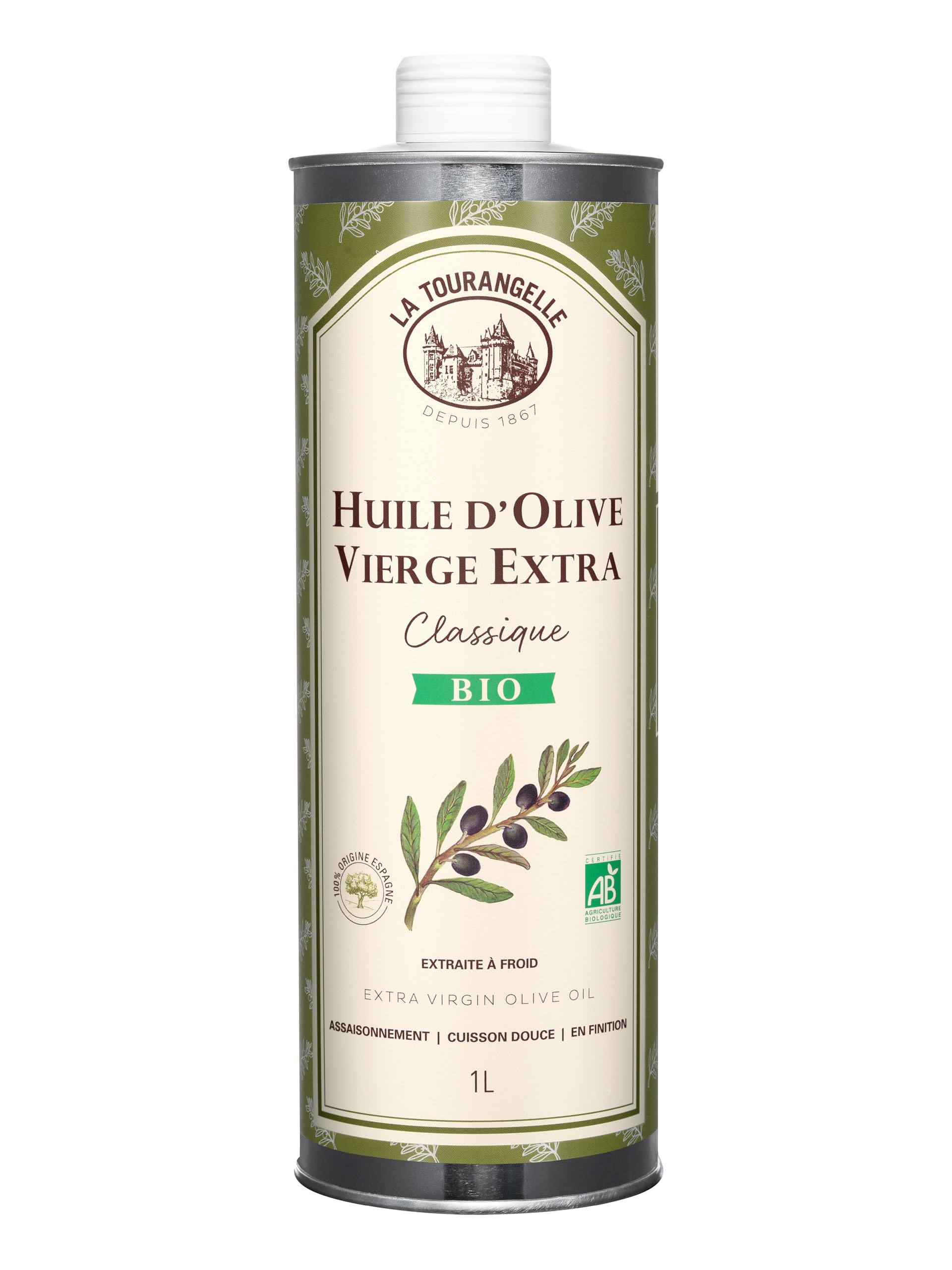 La Tourangelle - Huile d'olive vierge extra Bio - Extraite à froid - 100% origine Espagne - Riche en polyphénols - Huile de qualité supérieure - 1L