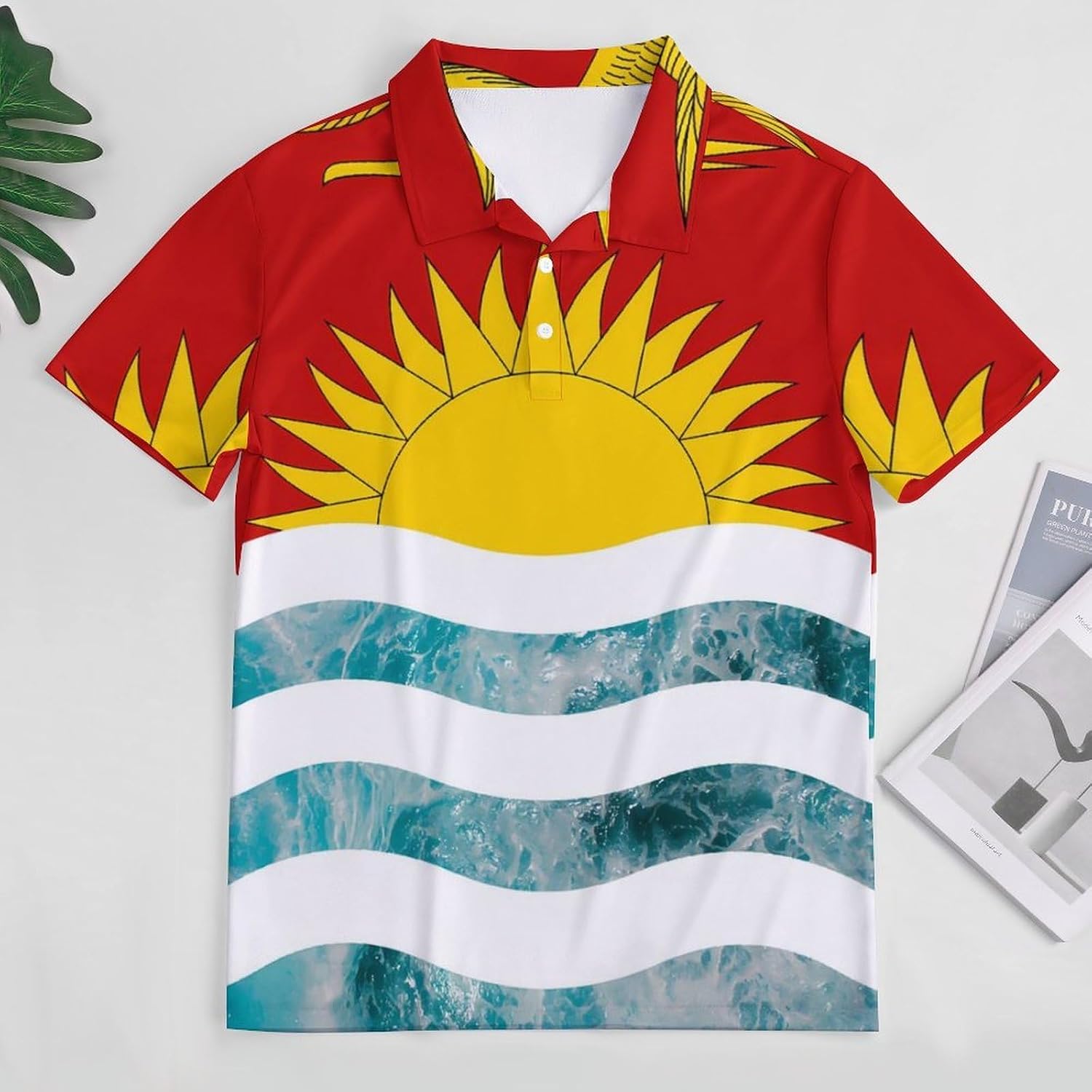 Kiribati Flag Ocean Wave Men's Polo Golf Shirts Collared T-Shirt | short sleeve,three button,quick dry,machine washable,summer tee top