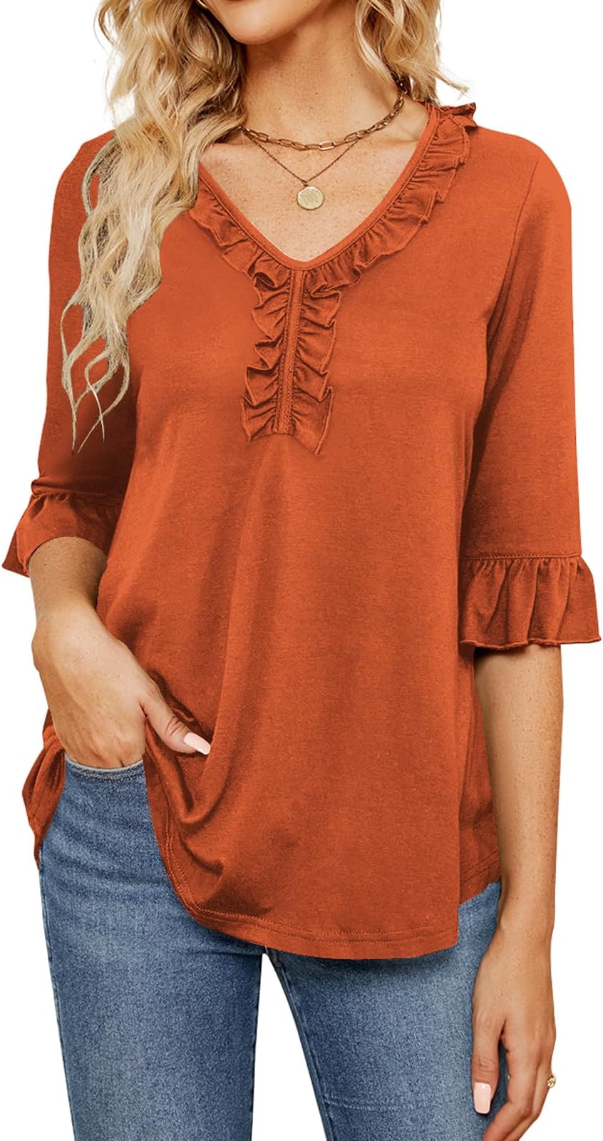 Poetsky Women's 3/4 Sleeve Tops Casual V Neck Shirts Loose Ruffle Tunic Blouses
