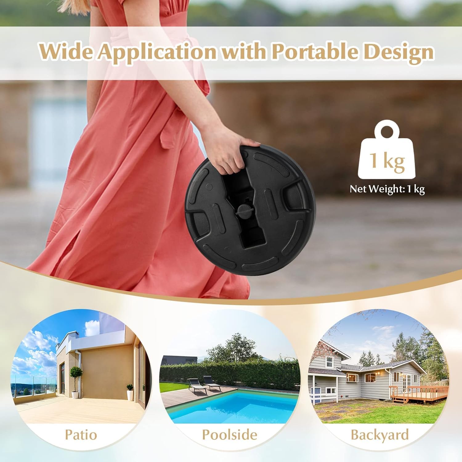 Questa Base per ombrellone Rotonda Resistente da 18 kg con palo da 38 mm, riempibile con Acqua e Sabbia, con Maniglia Integrata, è Ideale per tavoli da Mercato all'aperto.