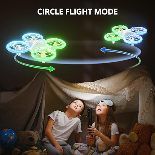 Miniatura 6 de TOMZON Drone A34 para niños con luces LED verdes y azules, Drone RC para niños con retención de altitud, giro 3D, modo sin cabeza y 3 velocidades,
