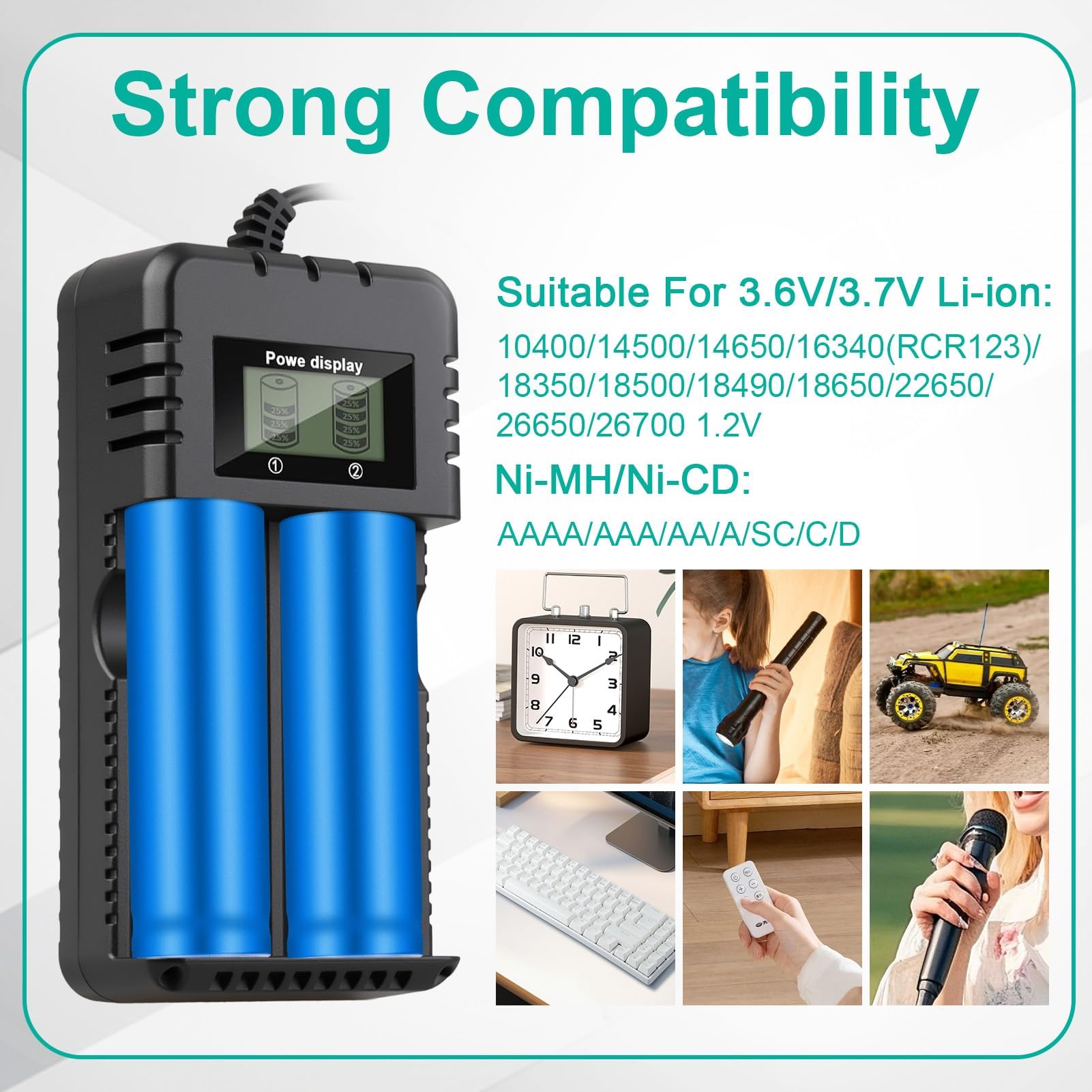 Caricabatterie LCD A 2 Slot Per Batterie Li-Ion 18650/26650/14500 Con Ricarica Intelligente E Protezioni Di Sicurezza