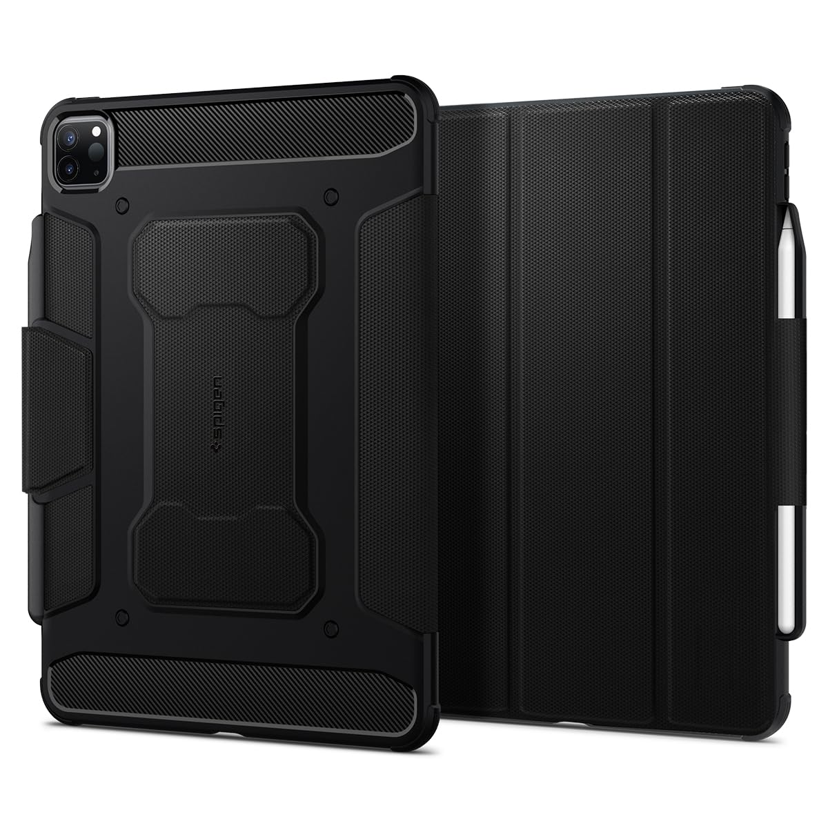 Spigen Rugged Armor Pro for iPad Pro 12.9inch M2 6th Gen(2022) Case / M1 5th Gen(2021) Full Cover Folio Case with Built in Pencil Holder, Trifold Stand, Auto Sleep/Wake – Black