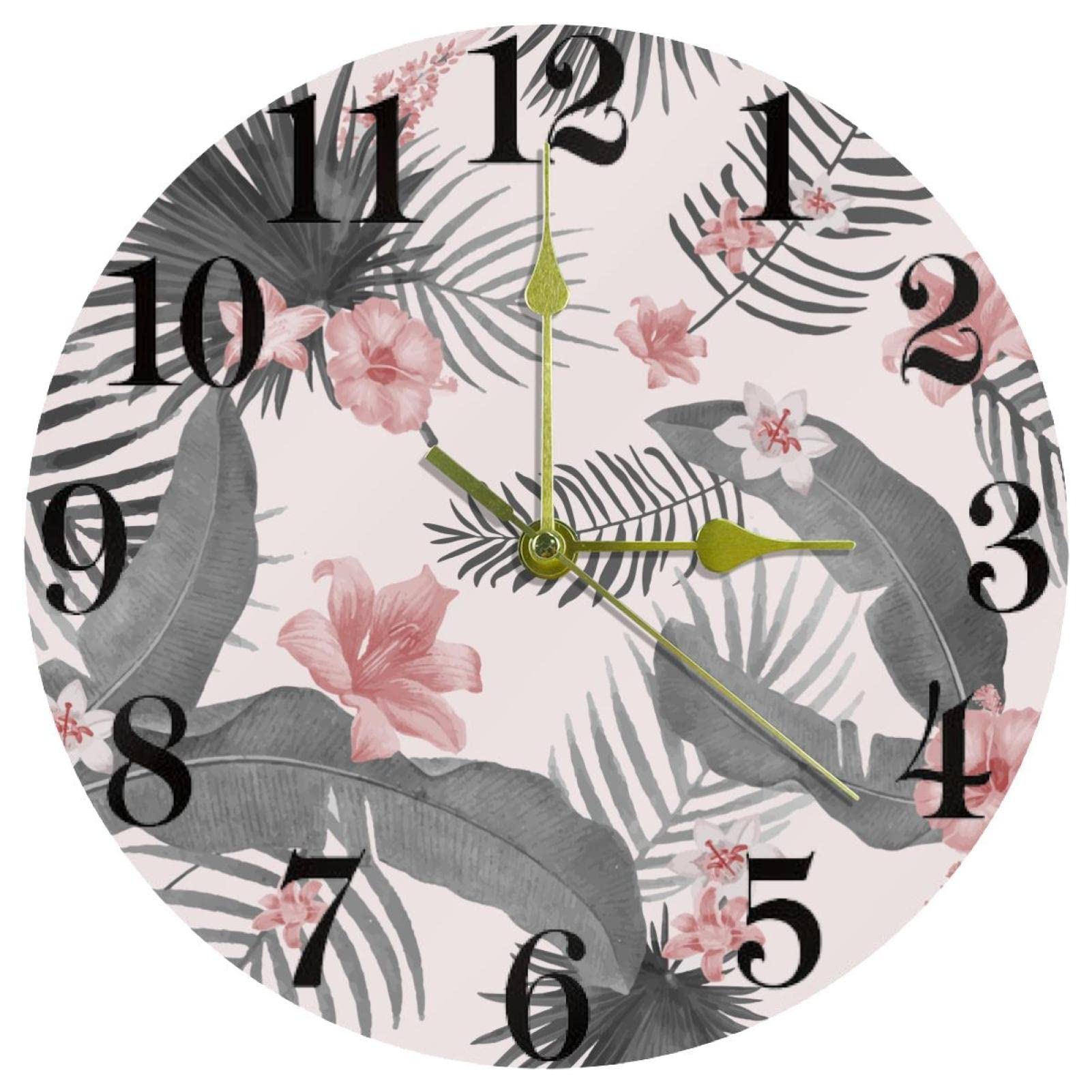Horloge murale à quartz silencieuse à motif feuilles tropicales de 25 cm