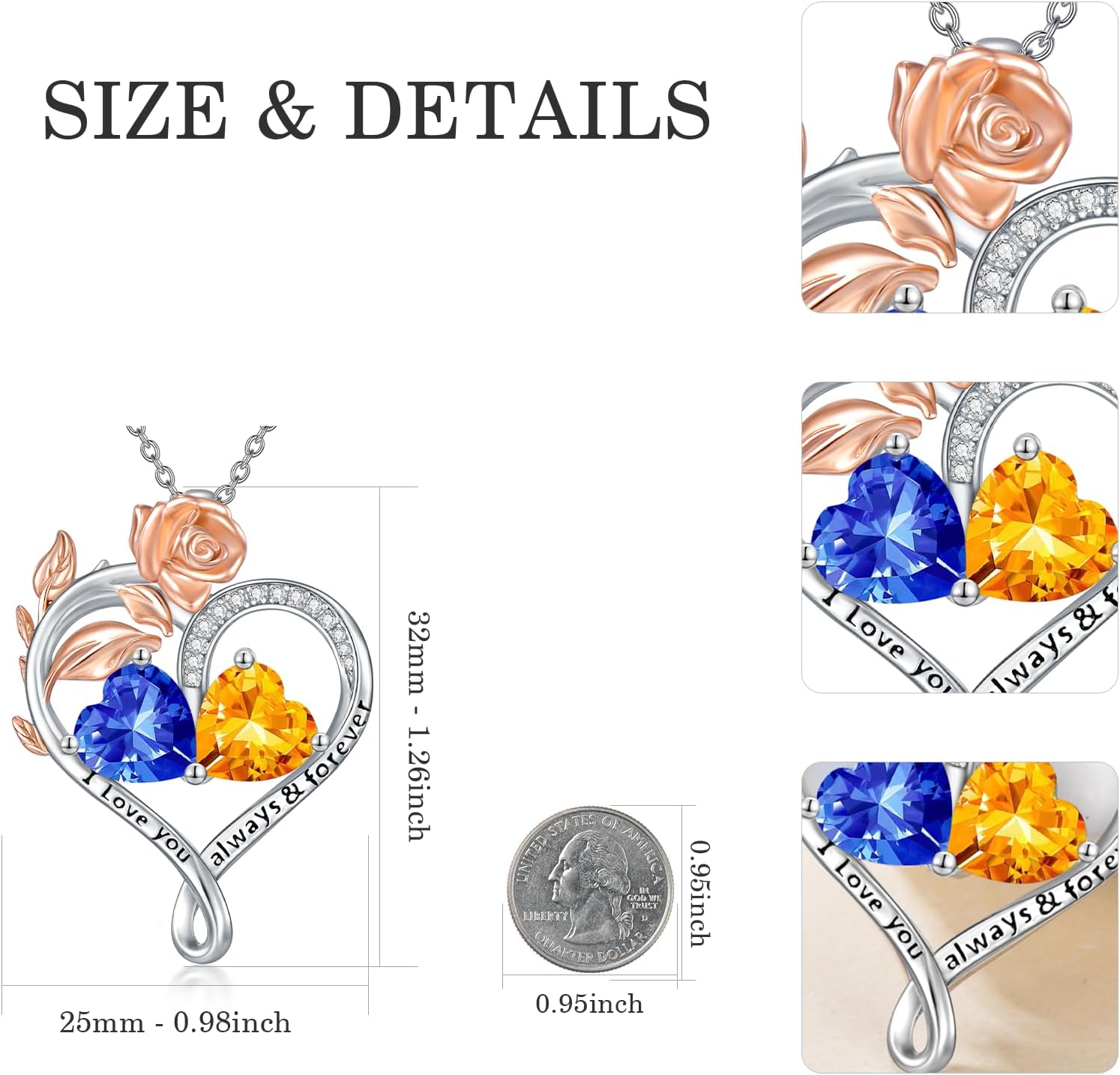 Rose Heart Birthstone Necklace Sterling Silver Two Heart Birthstone Necklace for Women 2 Birthstone Heart Pendant Birthday Christmas Valentine's Day Gift for Wife Mom Lady - Image 3