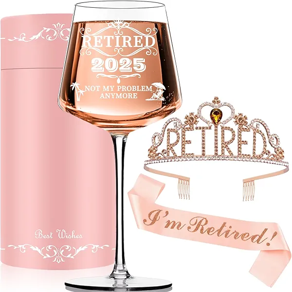 Physkoa Retired 2025 Wine Glass – Funny Retirement Gifts for Women with Crown & Sash – Limited Edition Hand-Blown Crystal – Retirement Party Decorations & Happy Farewell Gifts for Coworkers