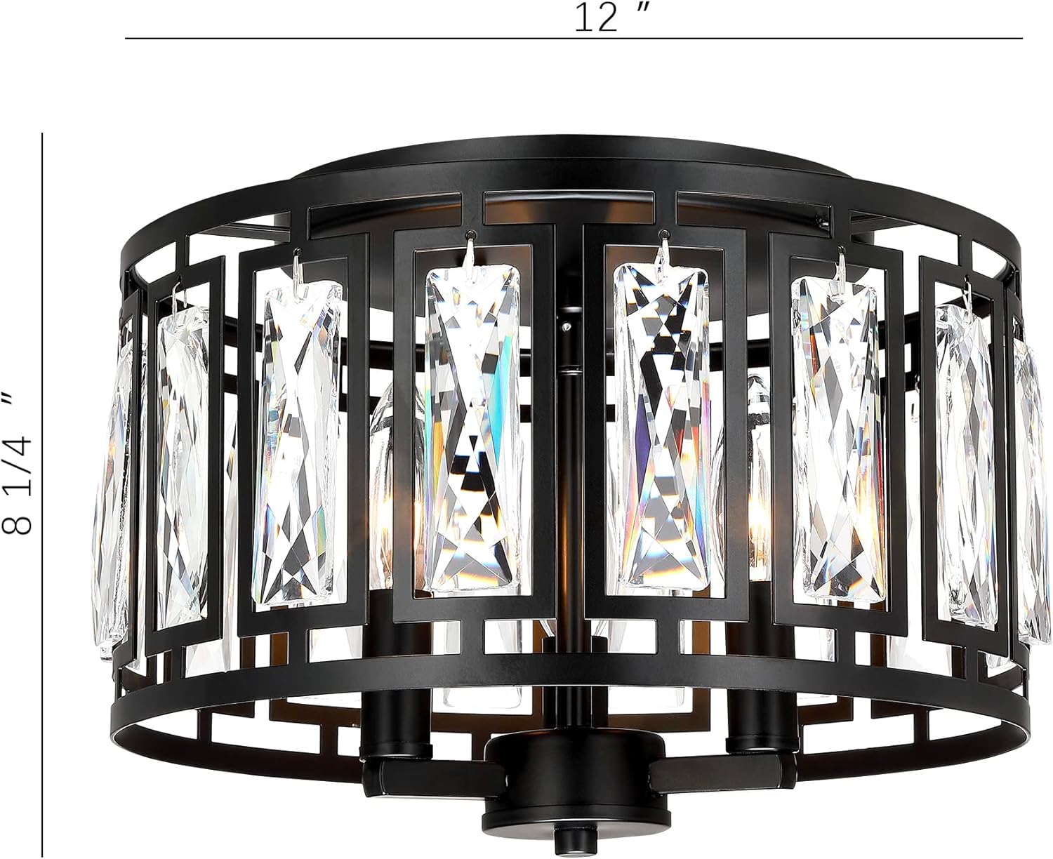 Crystal Ceiling Light Flush Mount for Bedroom, Kitchen Island Crystal Drum Shade Lighting Fixture, 3-Light Black Ceiling Lamp for Dining Room