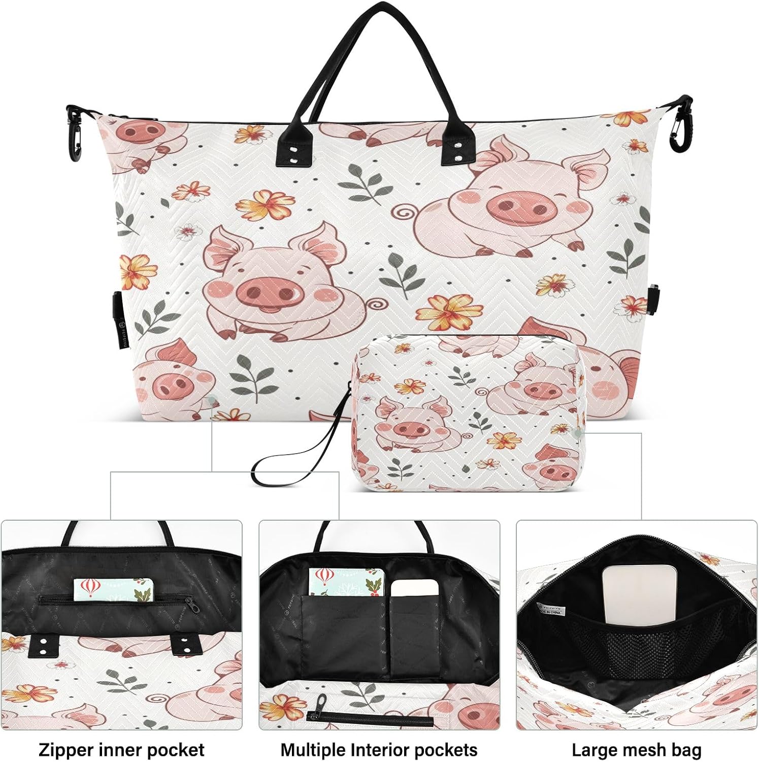 Travel Duffle Bag, Pink Pigs Flowers Gym Bag with Storage Bag Weekender Overnight Bag for Men Women Trip Sports Yoga