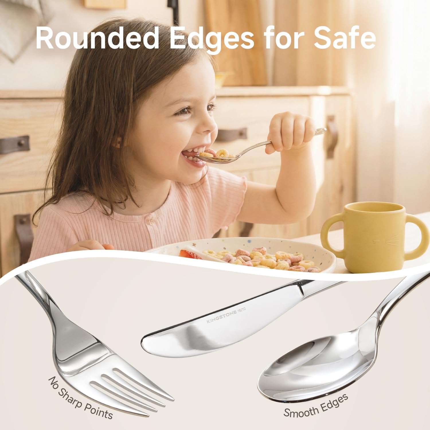 KINGSTONE Toddler Utensils Gift Set, 3-Piece Fork, Spoon & Knife, Large Size, 18/10 Stainless Steel, Cat & Dog Print, Ergonomic Kids Flatware for Self-Feeding, Ideal Birthday or Children Shower Gift