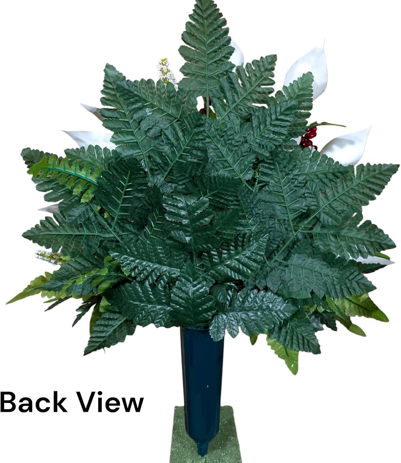 Realistic Artificial Cemetery Flowers - Silk Faux Floral Cream Rose and Calla Lily with Red Bird and Berries - Large Bouquet for Grave - Headstone Decoration - Memorial Flowers