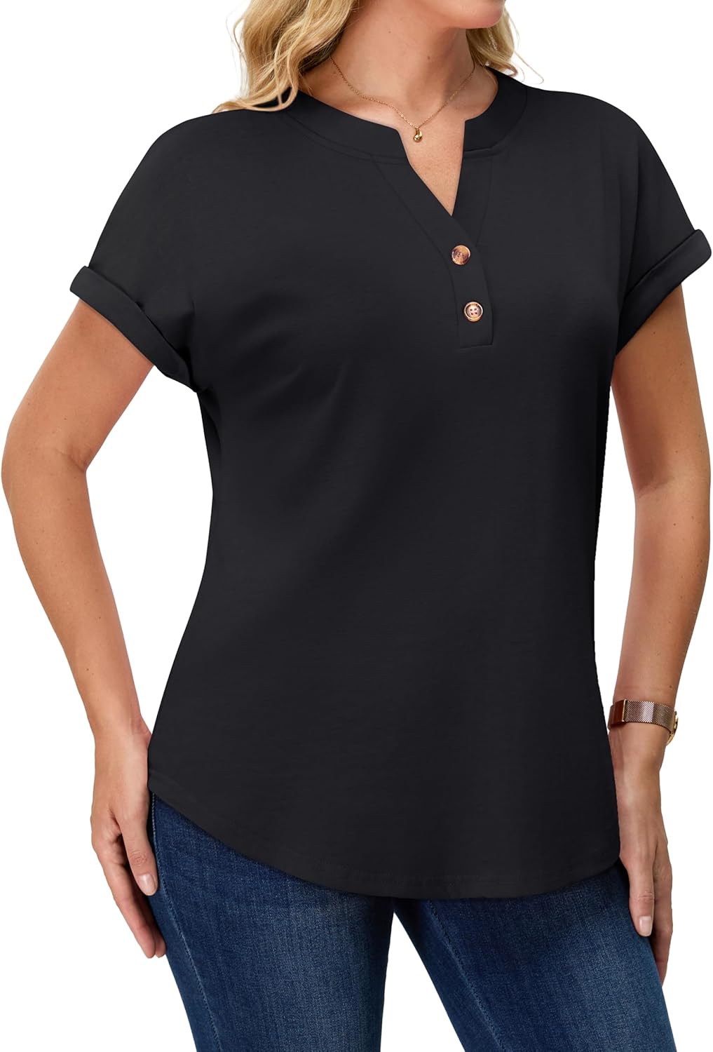 rosemia Womens Short Sleeve Shirts V Neck Dressy Casual Blouses Summer Loose Fitting Henley Tops - Image 5