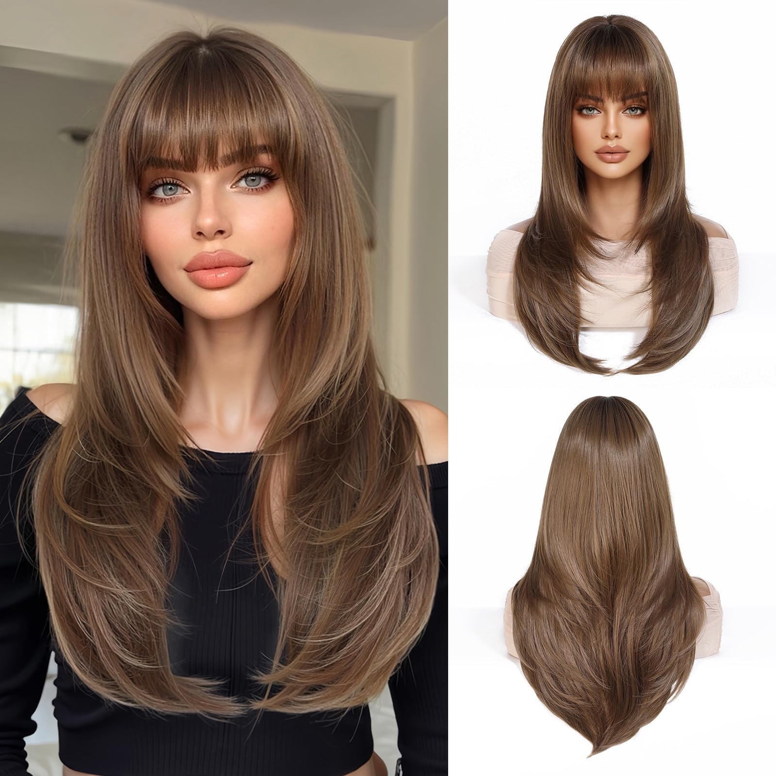 Esmee Long Straight Brown Wigs for Women with Fringe Natural Synthetic Hair Ombre Wig for Daily & Party Use