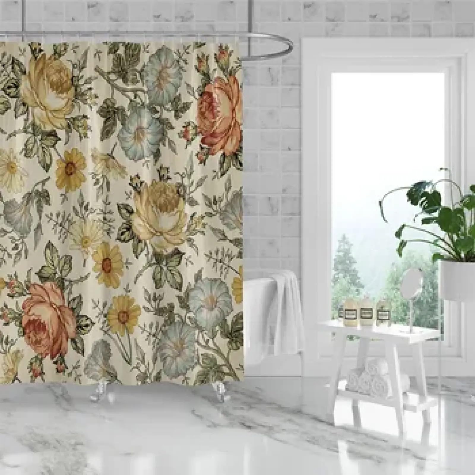AJALGZ William Morris Shower Curtain Washable Green Shower Curtain Set for Bathroom Fabric Decorative Bath Curtain 100x180cm(WxL) -180cm-Length